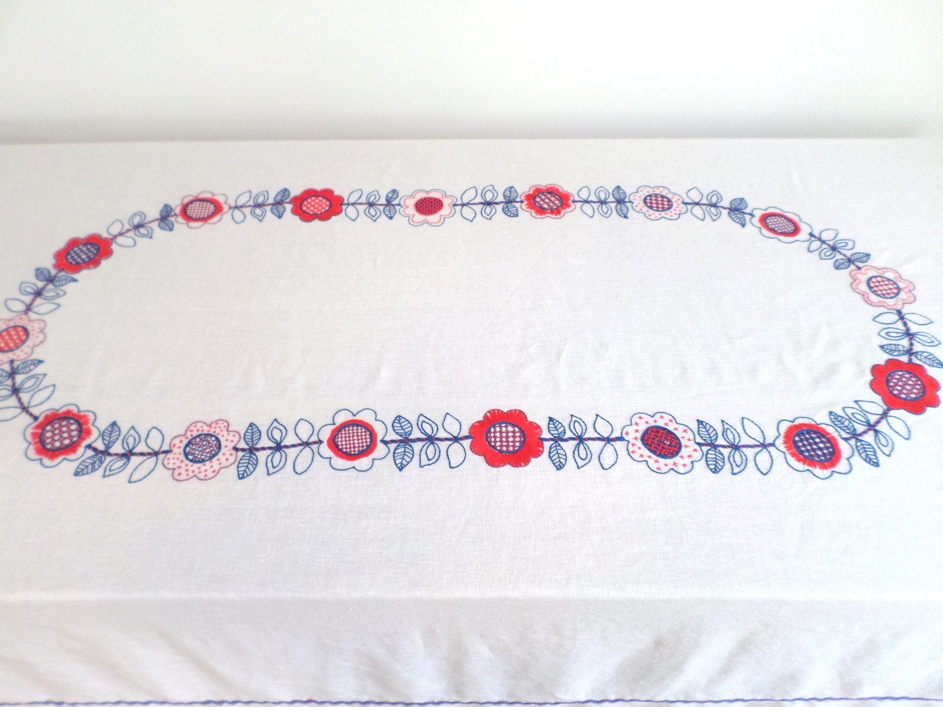 Hand Embroidered Scandinavian Floral Linen Tablecloth