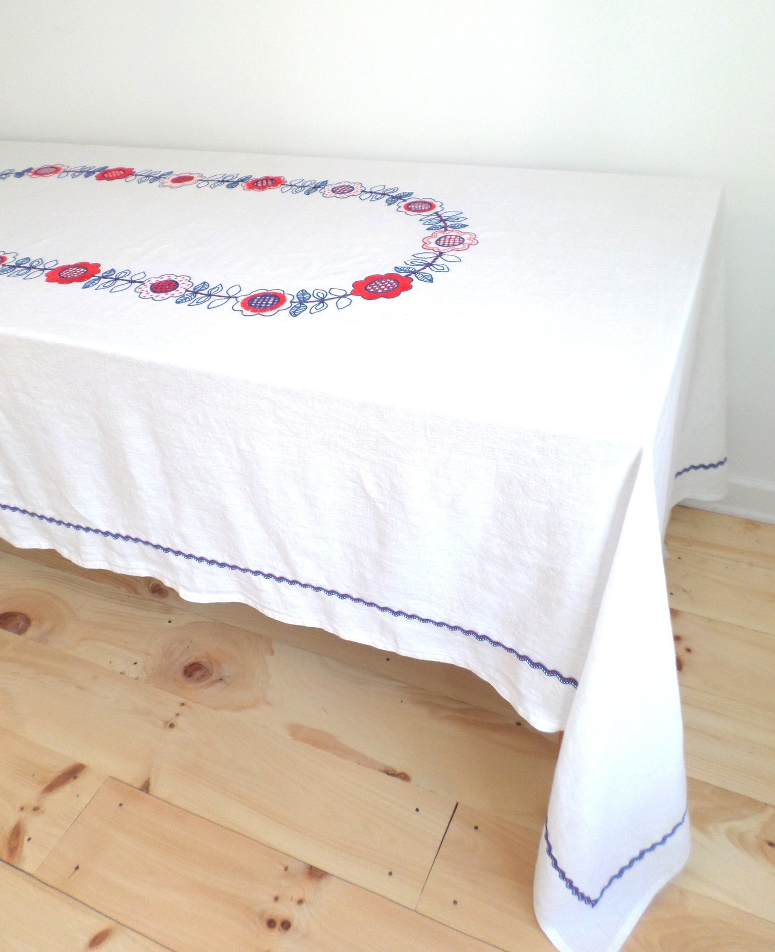 Hand Embroidered Scandinavian Floral Linen Tablecloth