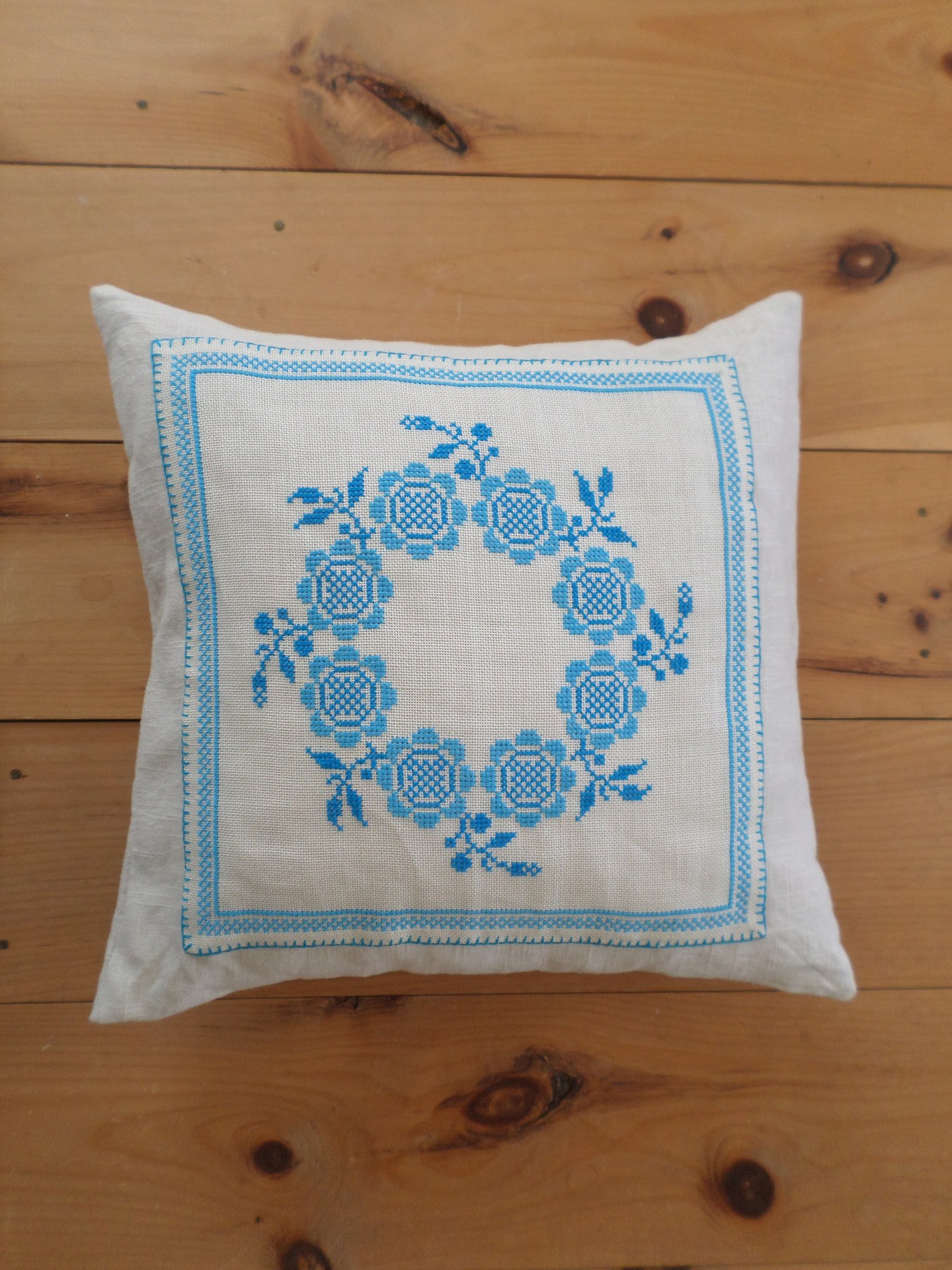 Vintage Swedish Cross-Stitch, Upcycled Linen Cushion