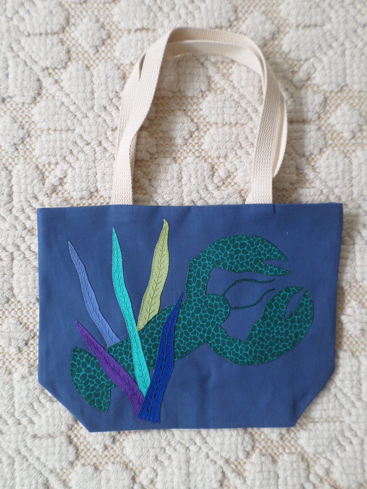 Maine Lobster & Seaweed Hand Embroidered Canvas Tote Bag - SMALL