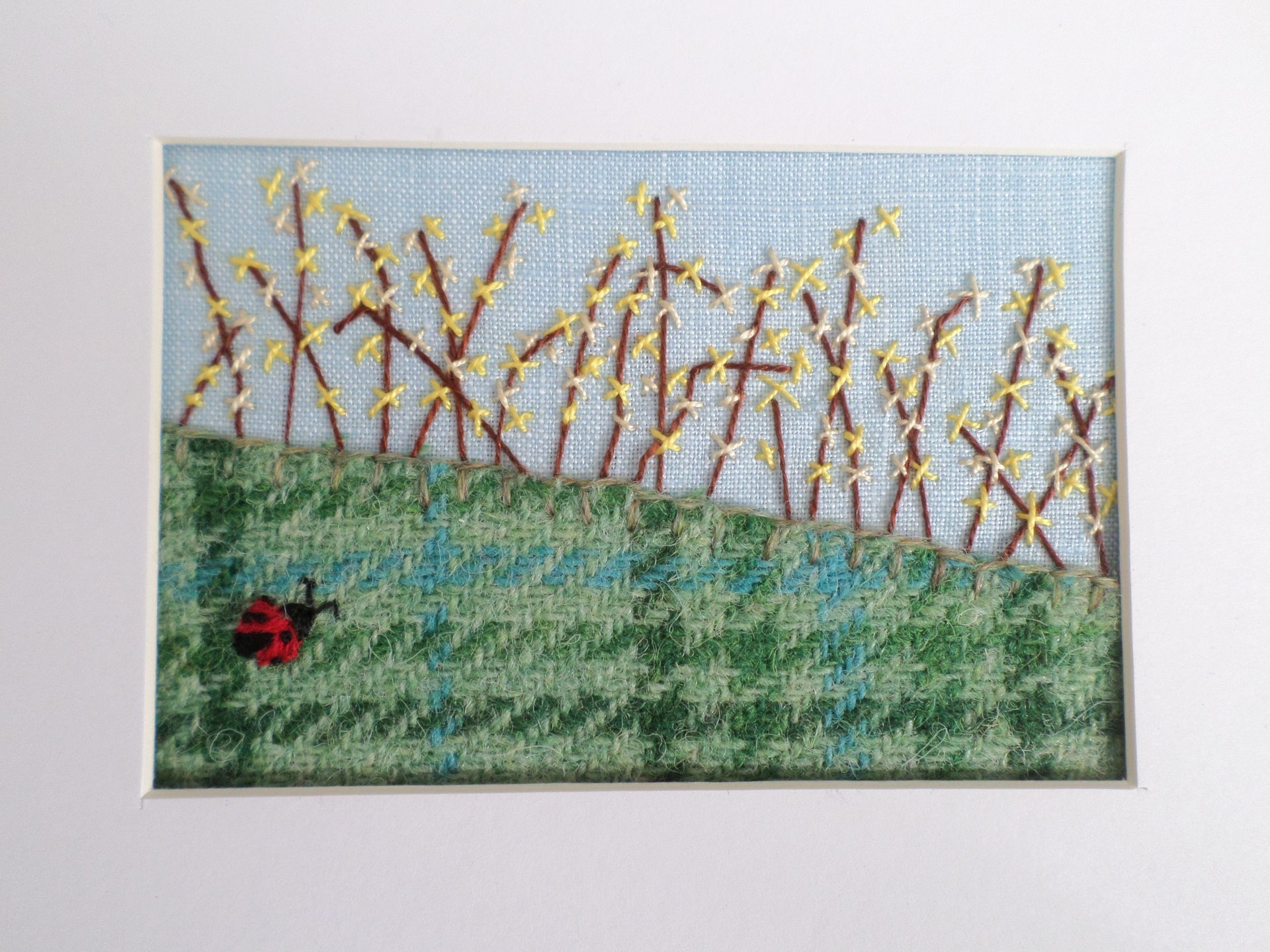 Forsythia Downeast Spring 5" x 7" Hand Embroidered Crewel Wall Art