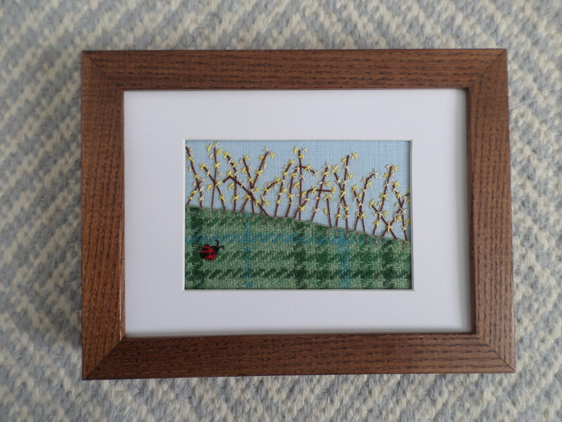 Forsythia Downeast Spring 5" x 7" Hand Embroidered Crewel Wall Art