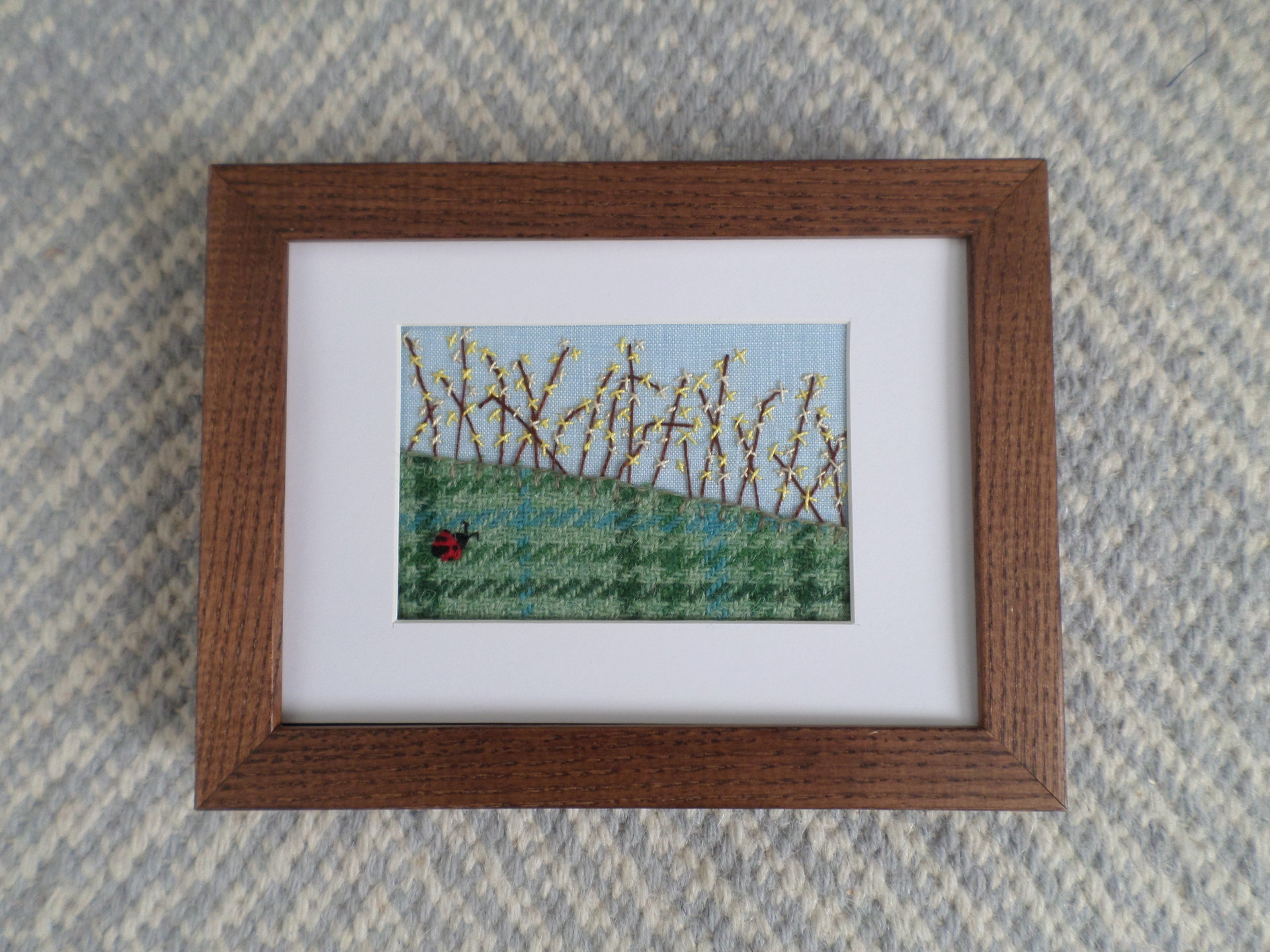 Forsythia Downeast Spring 5" x 7" Hand Embroidered Crewel Wall Art