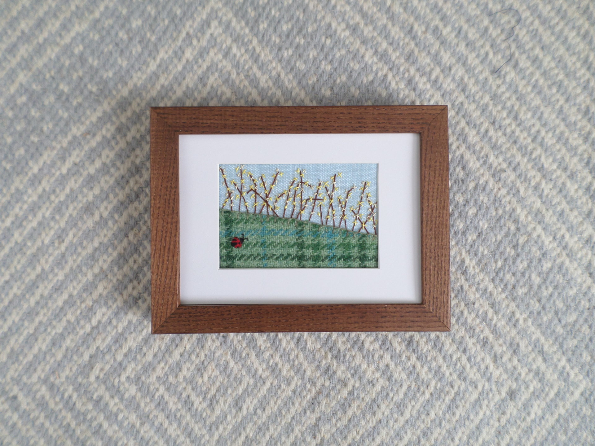 Forsythia Downeast Spring 5" x 7" Hand Embroidered Crewel Wall Art