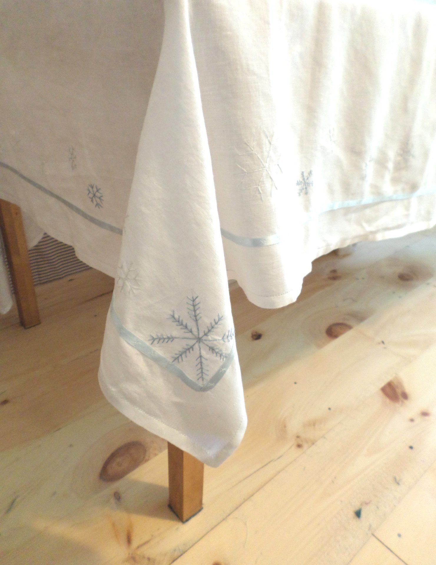 Hand Embroidered Linen Snowflake Holiday Tablecloth