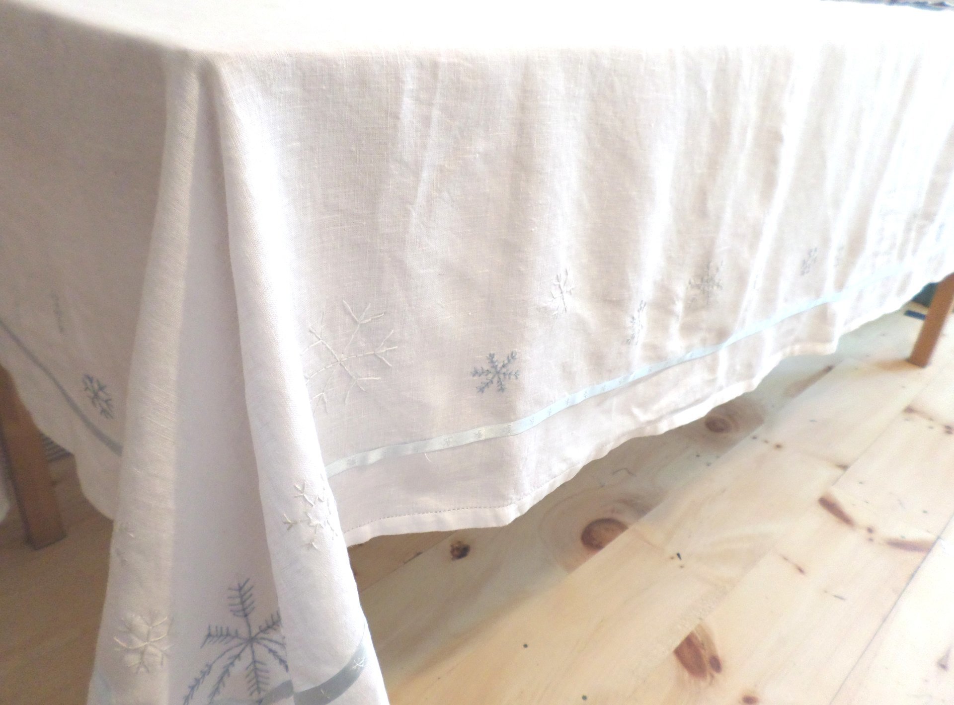 Hand Embroidered Linen Snowflake Holiday Tablecloth