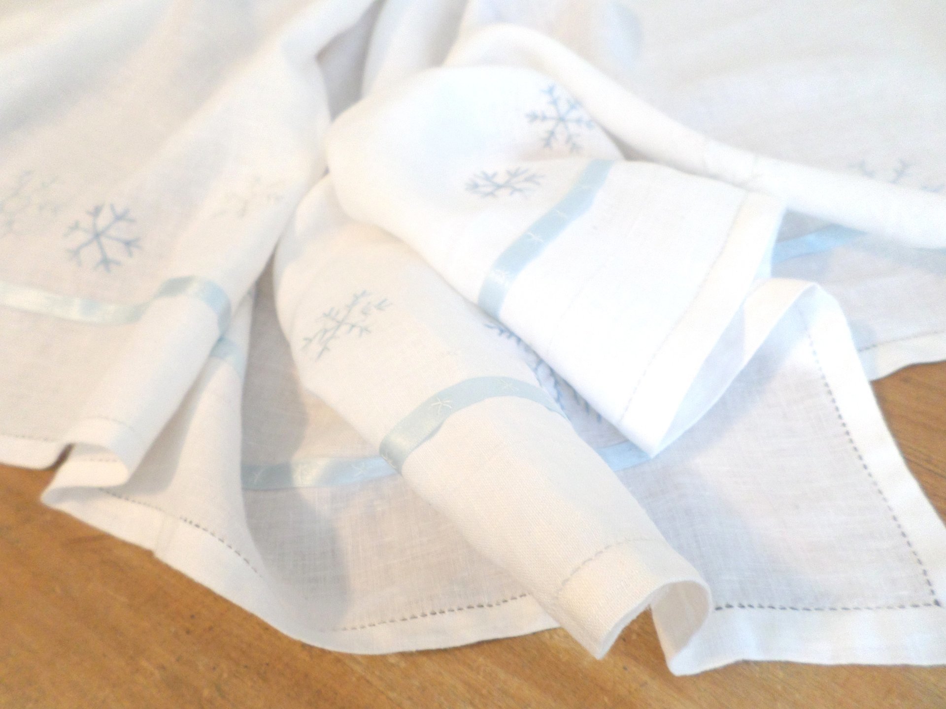 Hand Embroidered Linen Snowflake Holiday Tablecloth