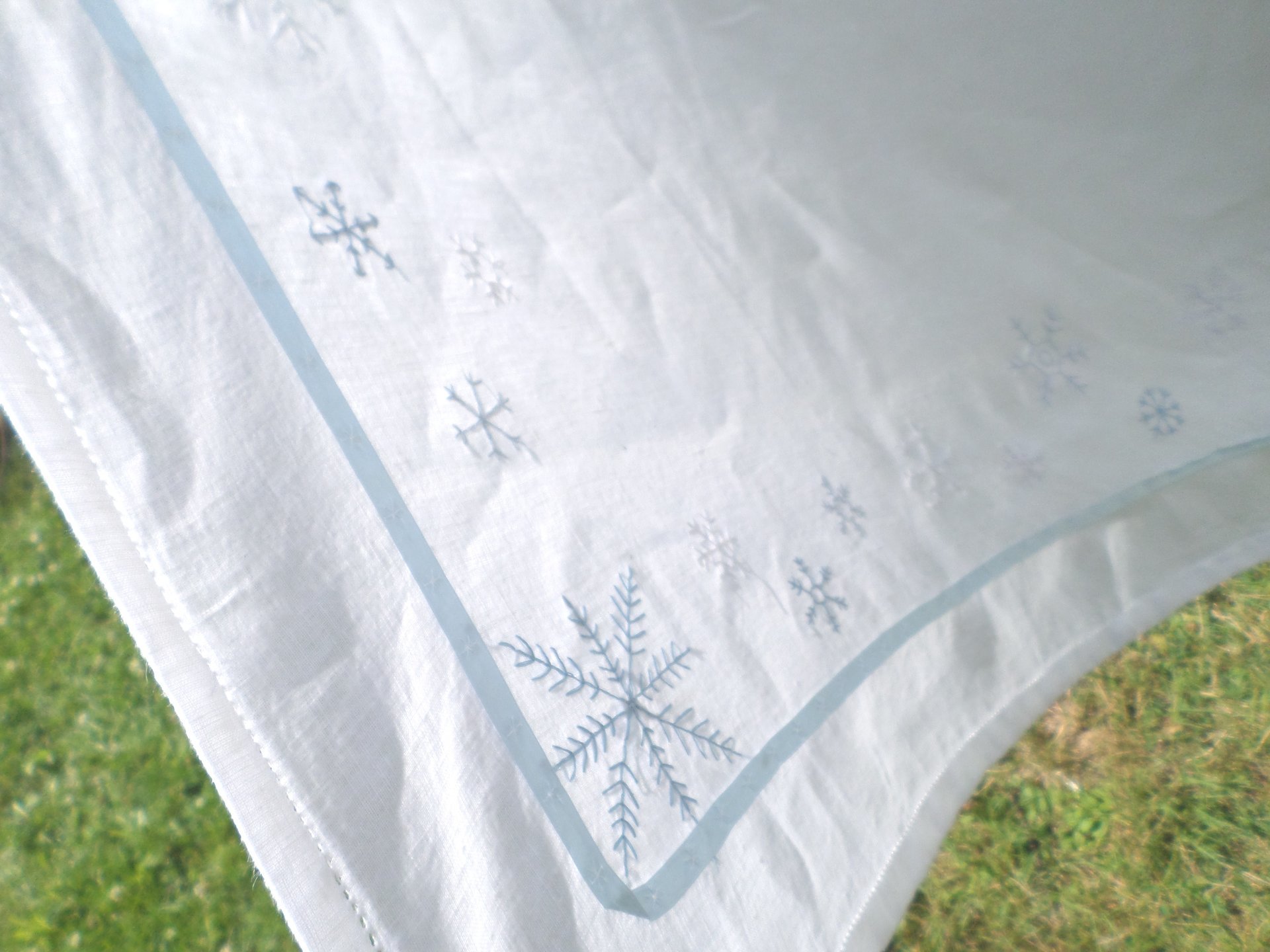 Hand Embroidered Linen Snowflake Holiday Tablecloth