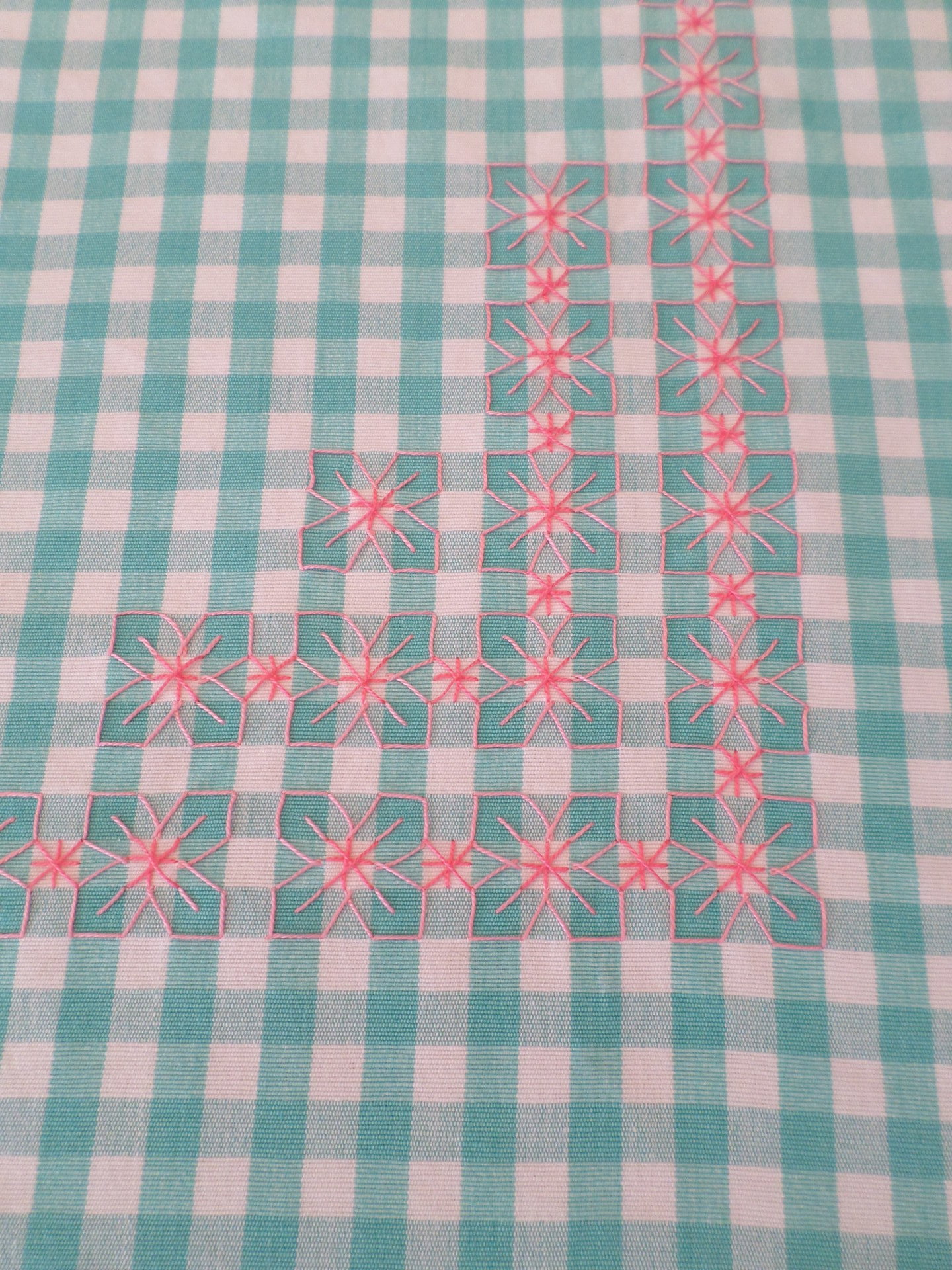 Hand Embroidered Chicken Scratch Gingham Tablecloth