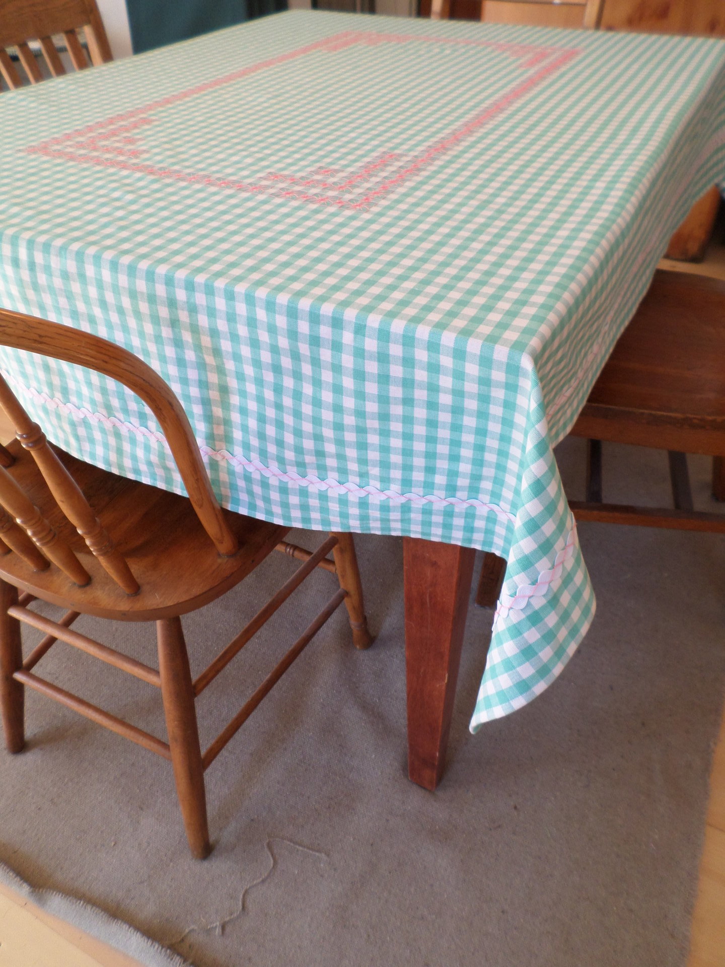 Hand Embroidered Chicken Scratch Gingham Tablecloth