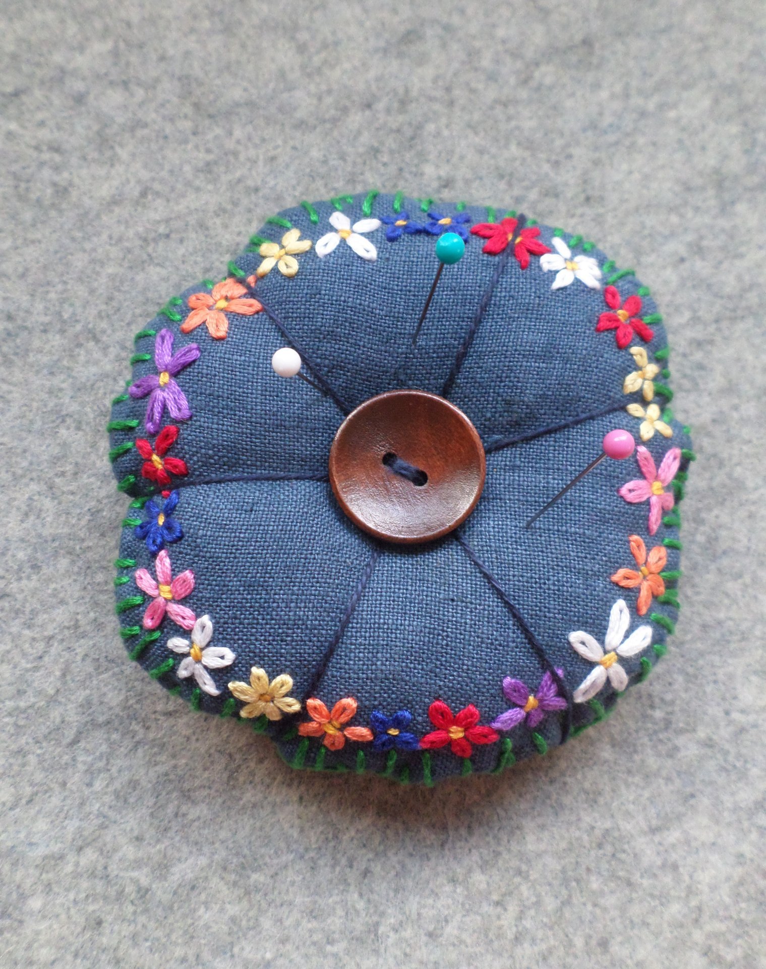 Linen Pincushion with Hand Embroidered Daisies