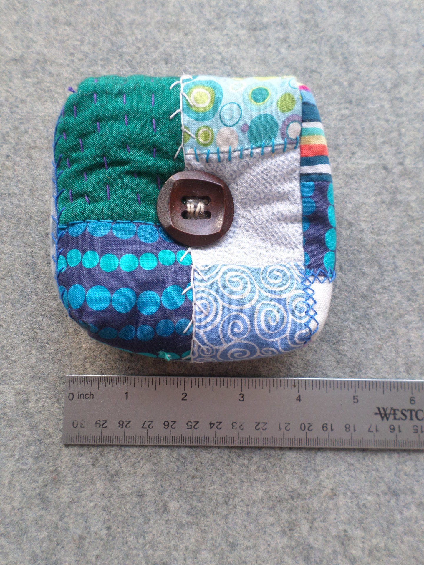 Patchwork Pincushion, Hand Embroidered Crazy Quilt Design in Blues and Greens