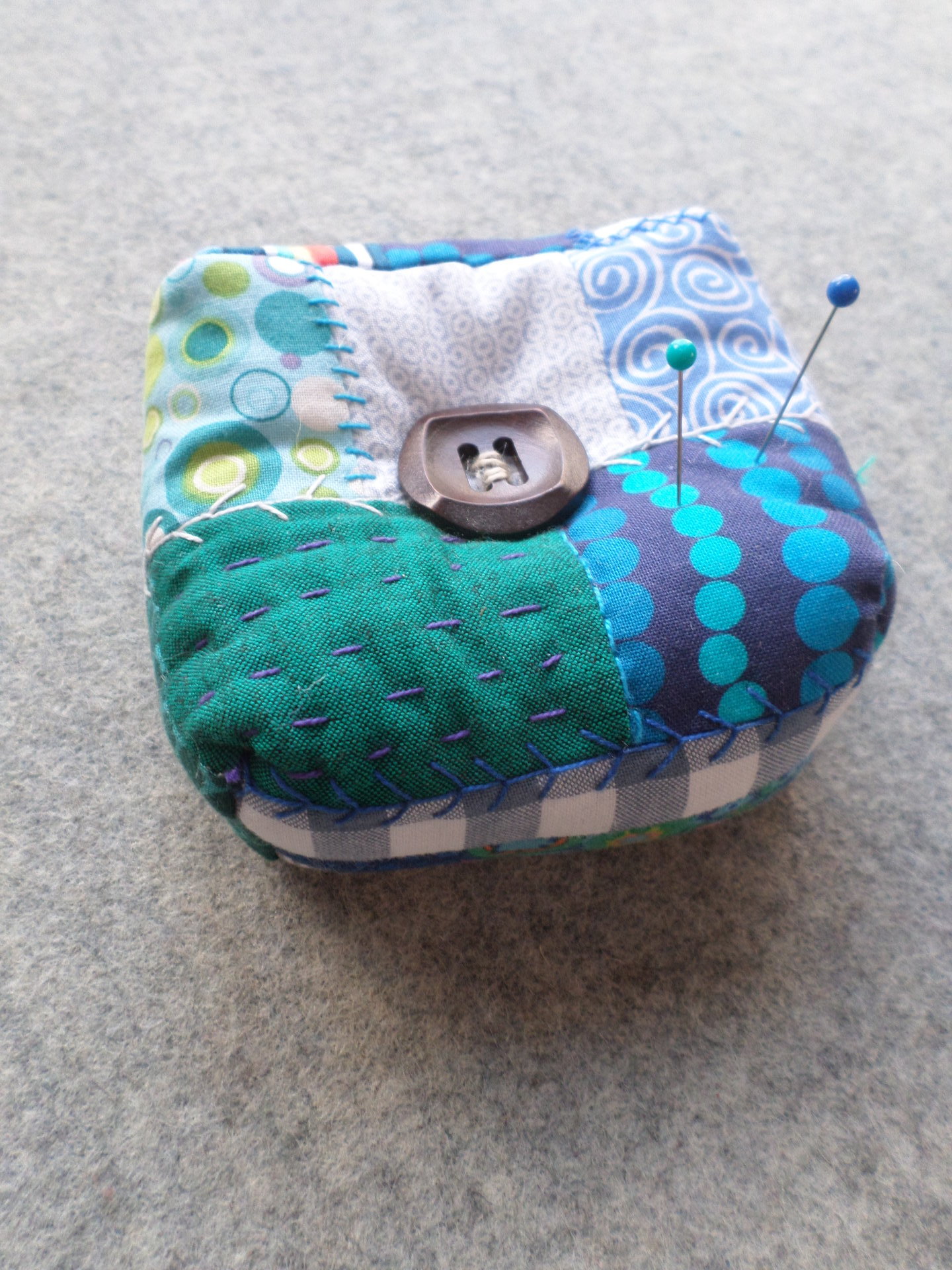 Patchwork Pincushion, Hand Embroidered Crazy Quilt Design in Blues and Greens