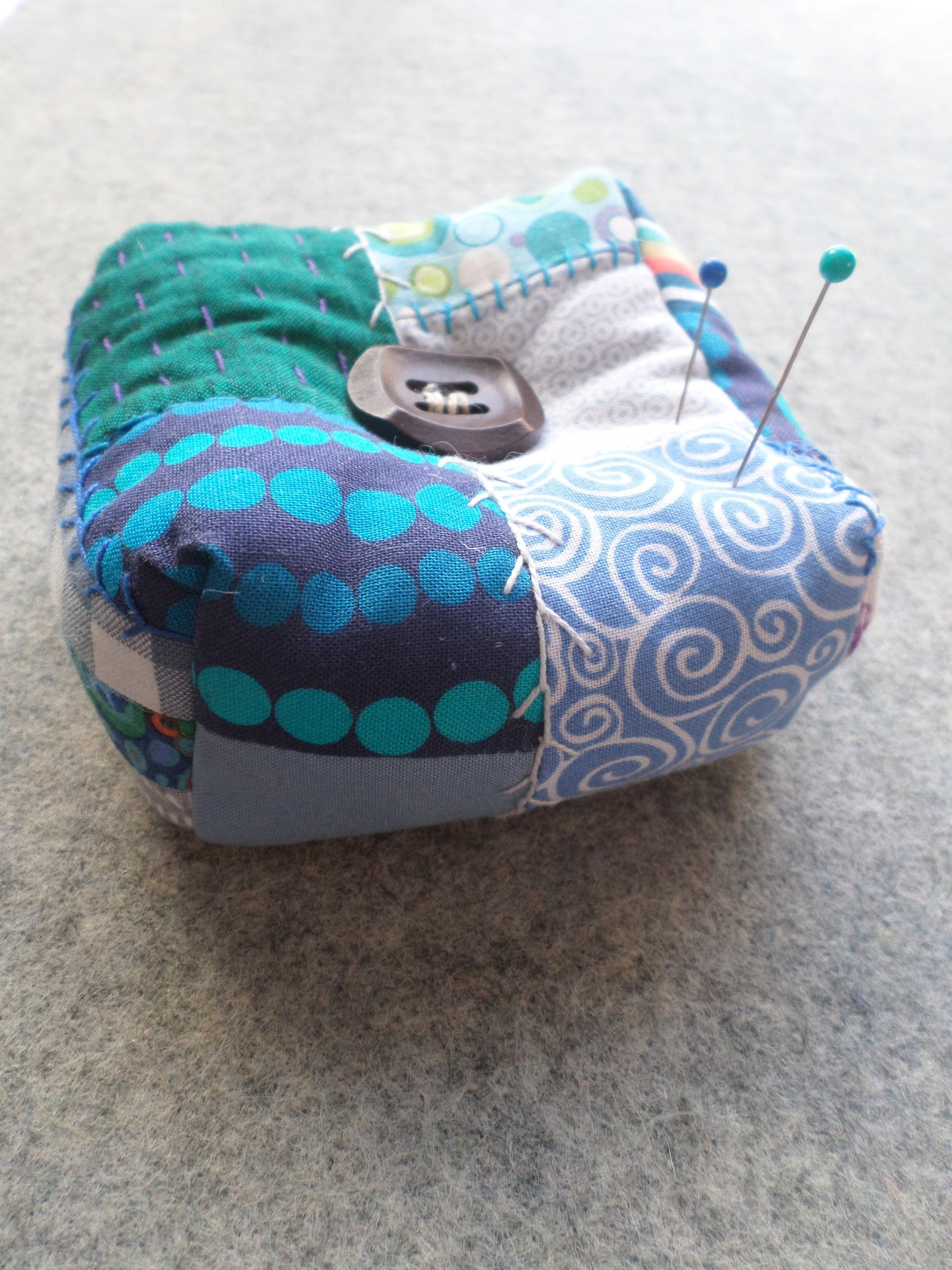 Patchwork Pincushion, Hand Embroidered Crazy Quilt Design in Blues and Greens