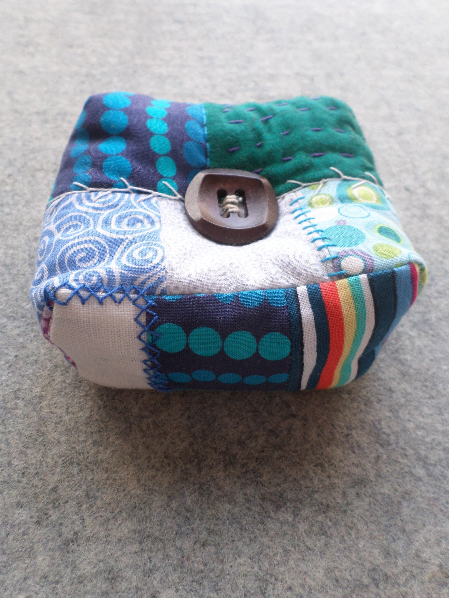 Patchwork Pincushion, Hand Embroidered Crazy Quilt Design in Blues and Greens