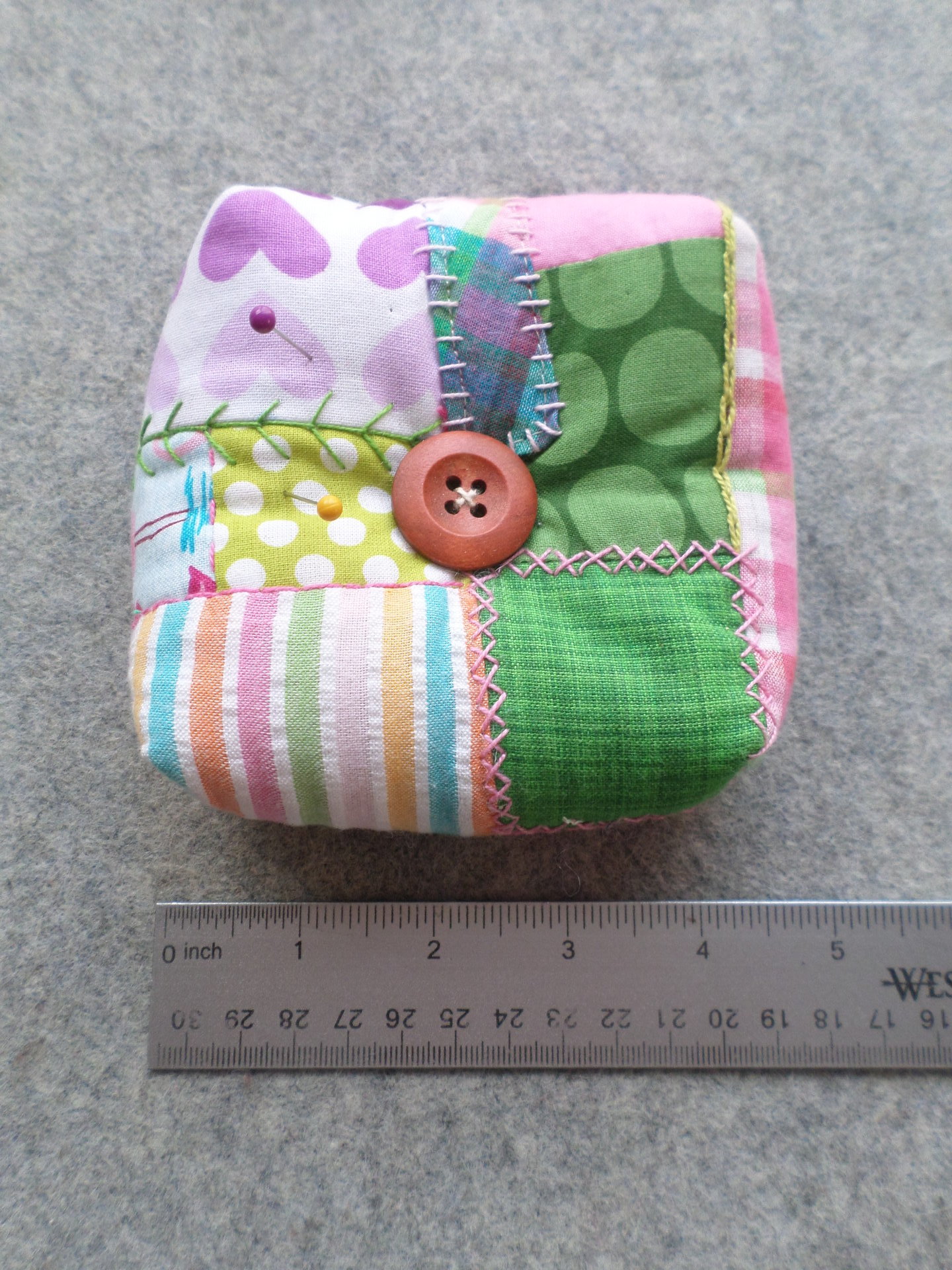Patchwork Pincushion, Hand Embroidered Crazy Quilt Design in Pinks and Greens