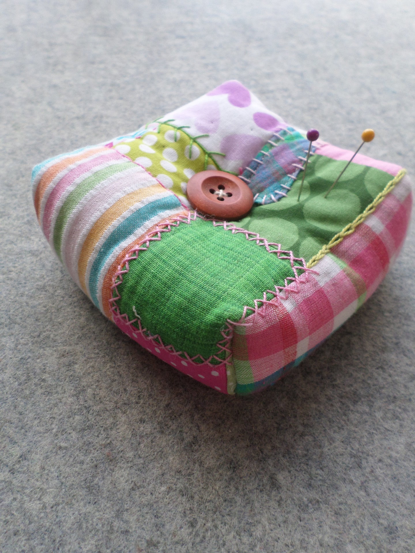 Patchwork Pincushion, Hand Embroidered Crazy Quilt Design in Pinks and Greens