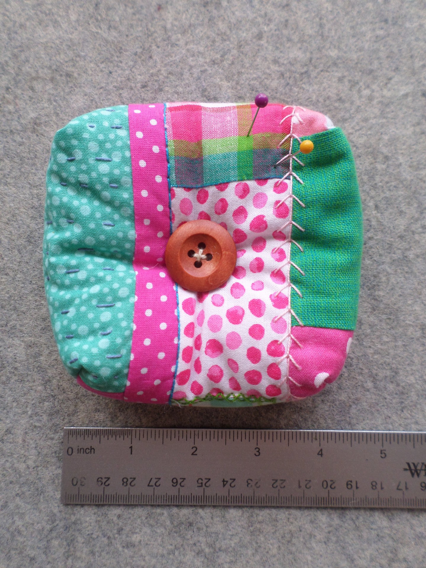 Patchwork Pincushion, Hand Embroidered Crazy Quilt Design in Pinks and Greens