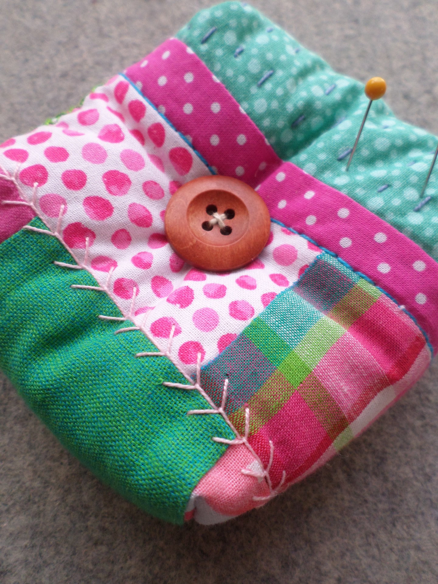Patchwork Pincushion, Hand Embroidered Crazy Quilt Design in Pinks and Greens