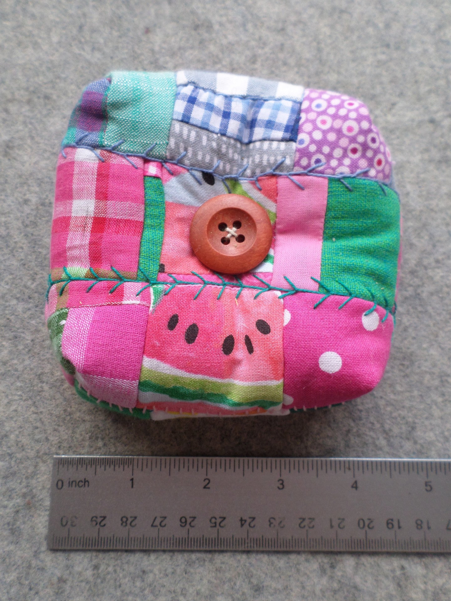 Patchwork Pincushion, Hand Embroidered Crazy Quilt Design in Pinks and Greens