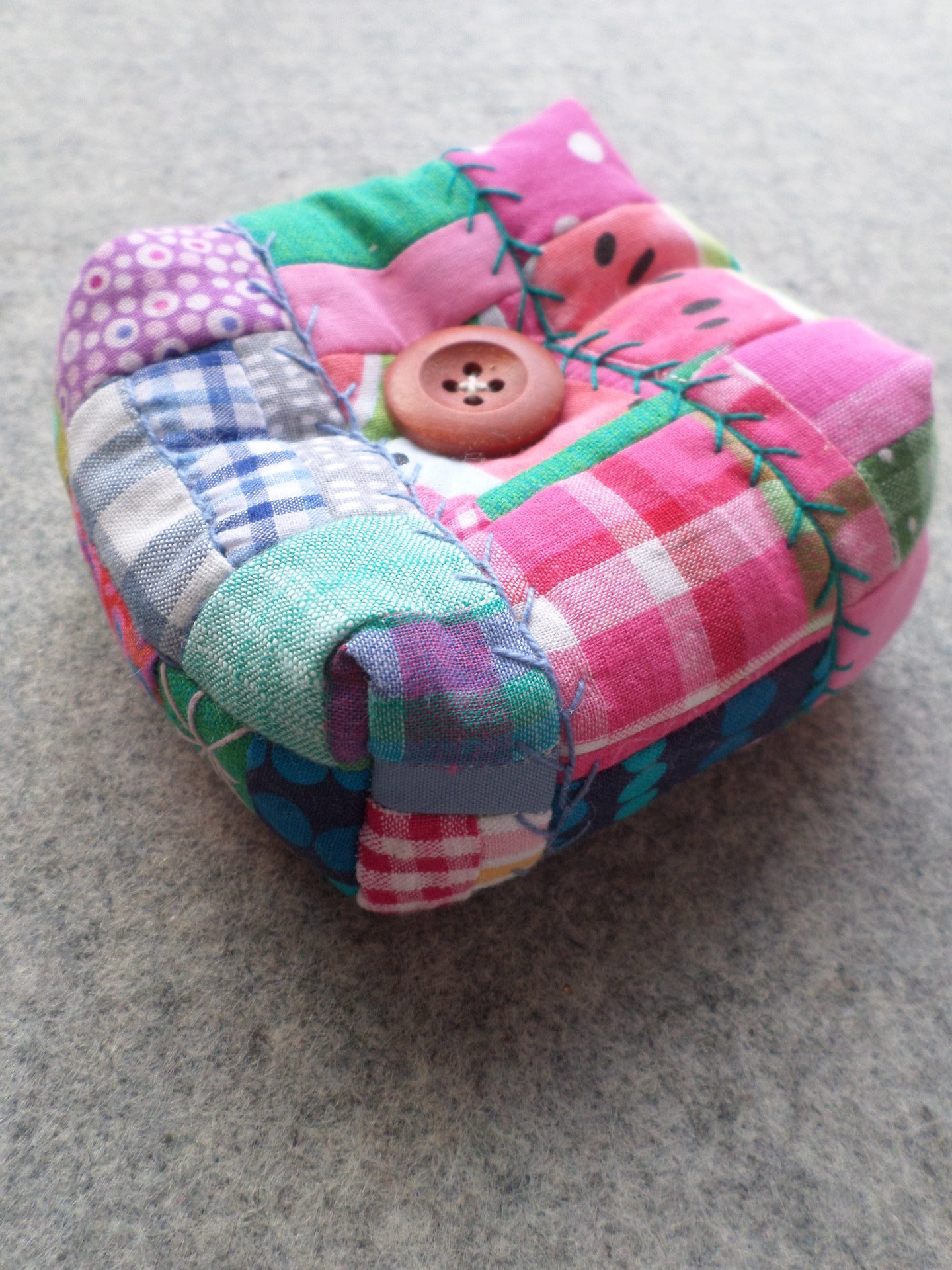 Patchwork Pincushion, Hand Embroidered Crazy Quilt Design in Pinks and Greens