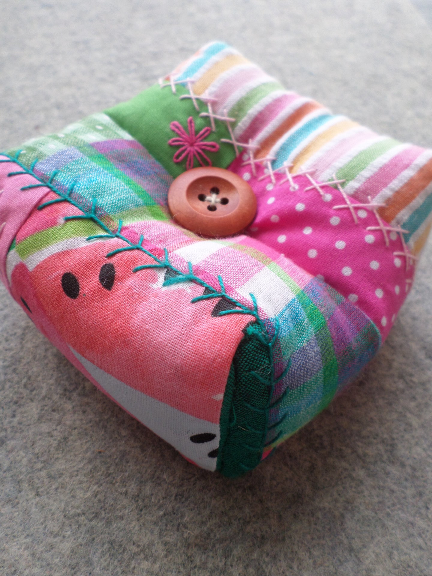Patchwork Pincushion, Hand Embroidered Crazy Quilt Design in Pinks and Greens