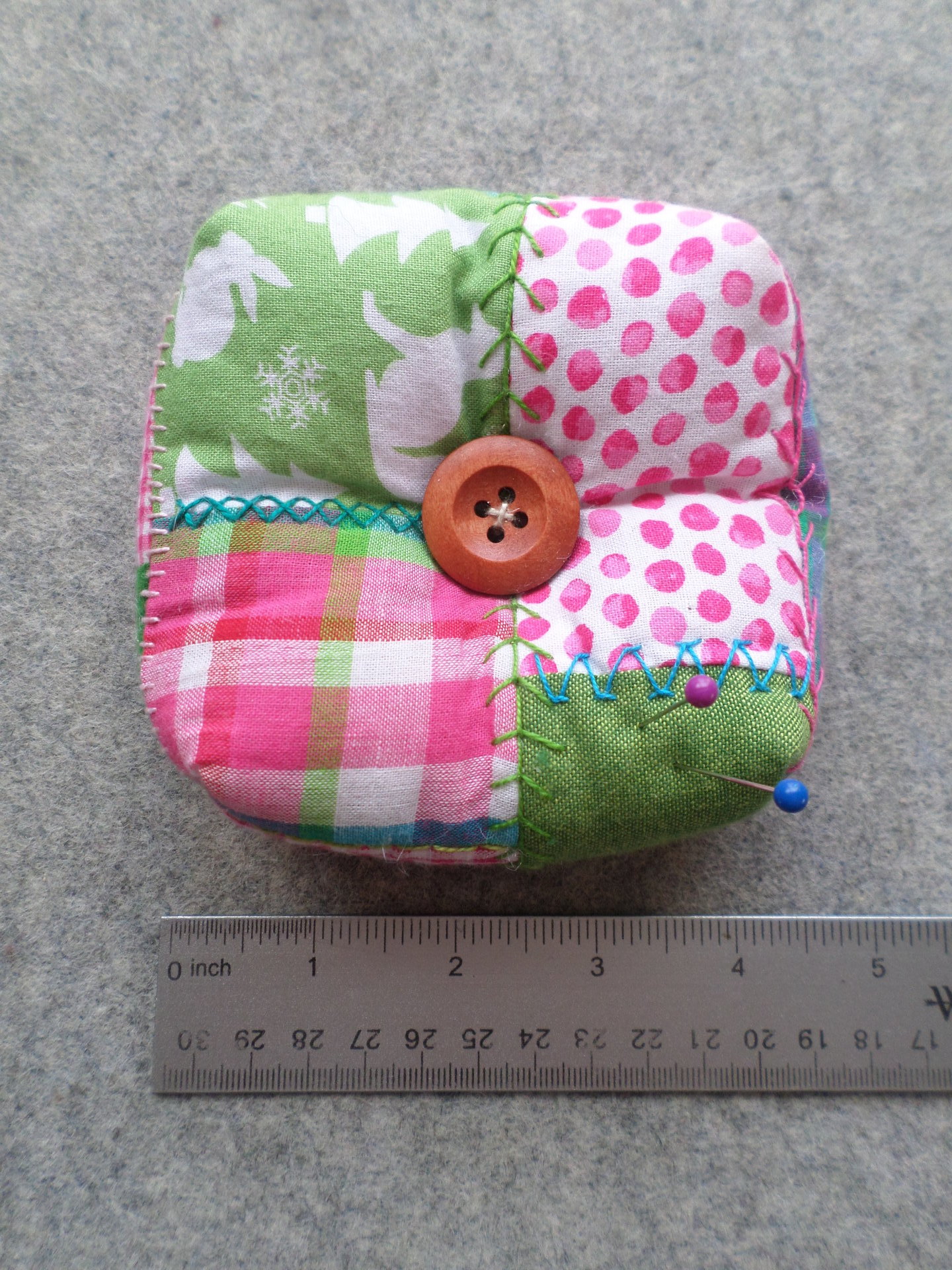 Patchwork Pincushion, Hand Embroidered Crazy Quilt Design in Pinks and Greens