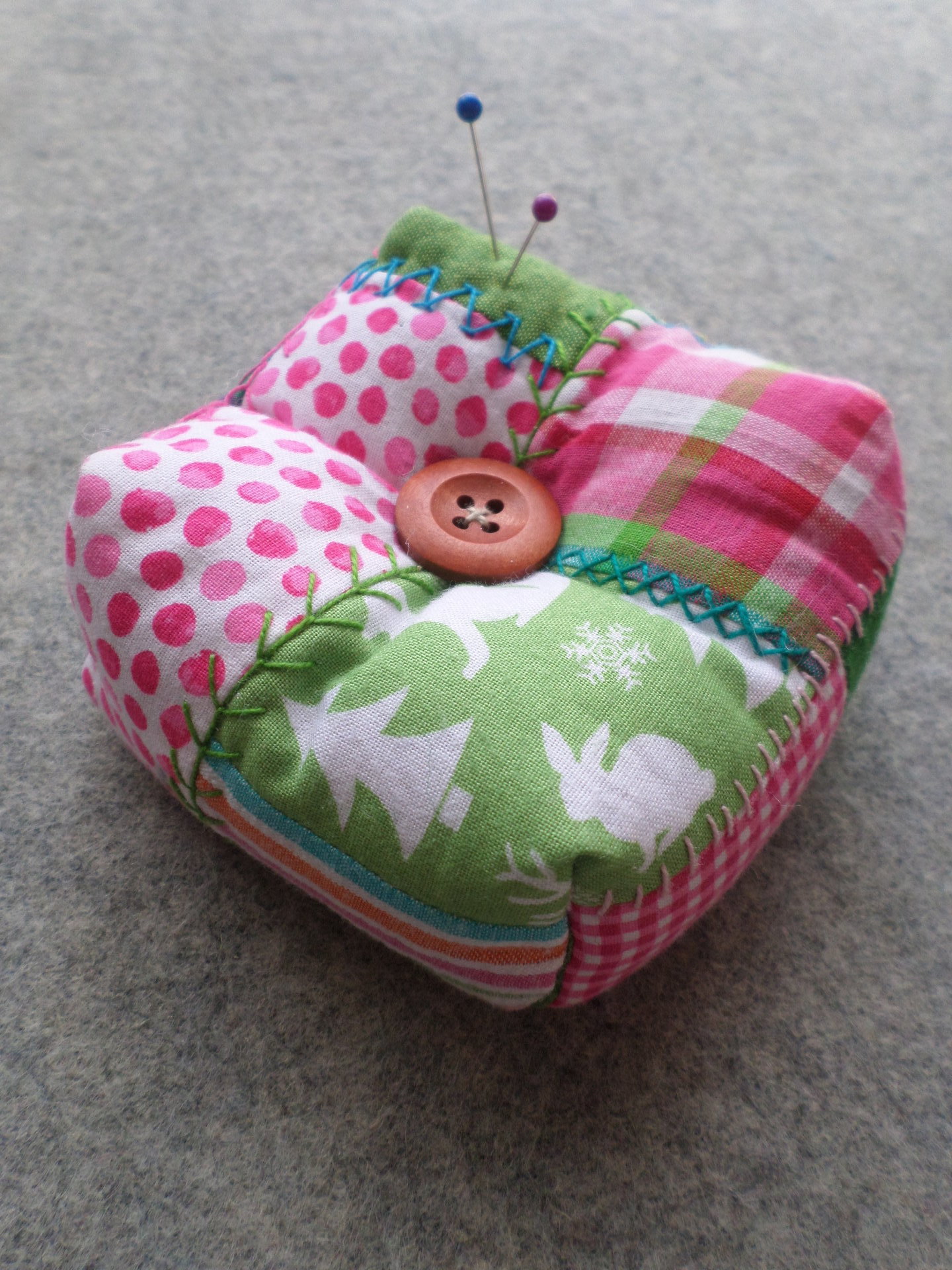 Patchwork Pincushion, Hand Embroidered Crazy Quilt Design in Pinks and Greens