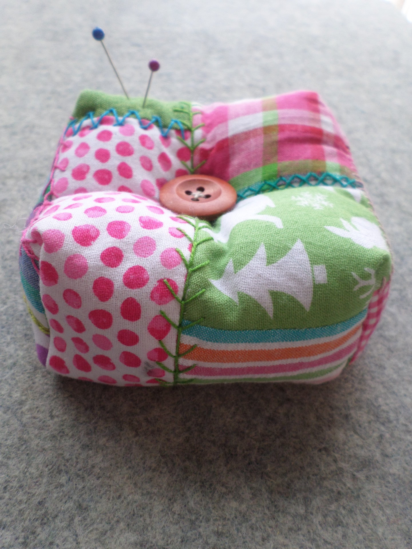 Patchwork Pincushion, Hand Embroidered Crazy Quilt Design in Pinks and Greens