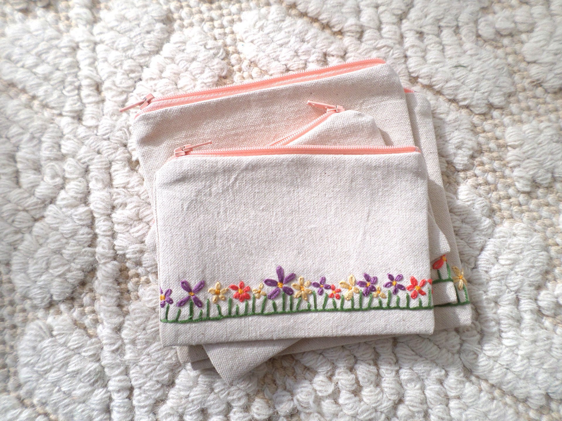 Wildflowers Zip Bag, Hand Embroidered Coin Purse with Floral Design