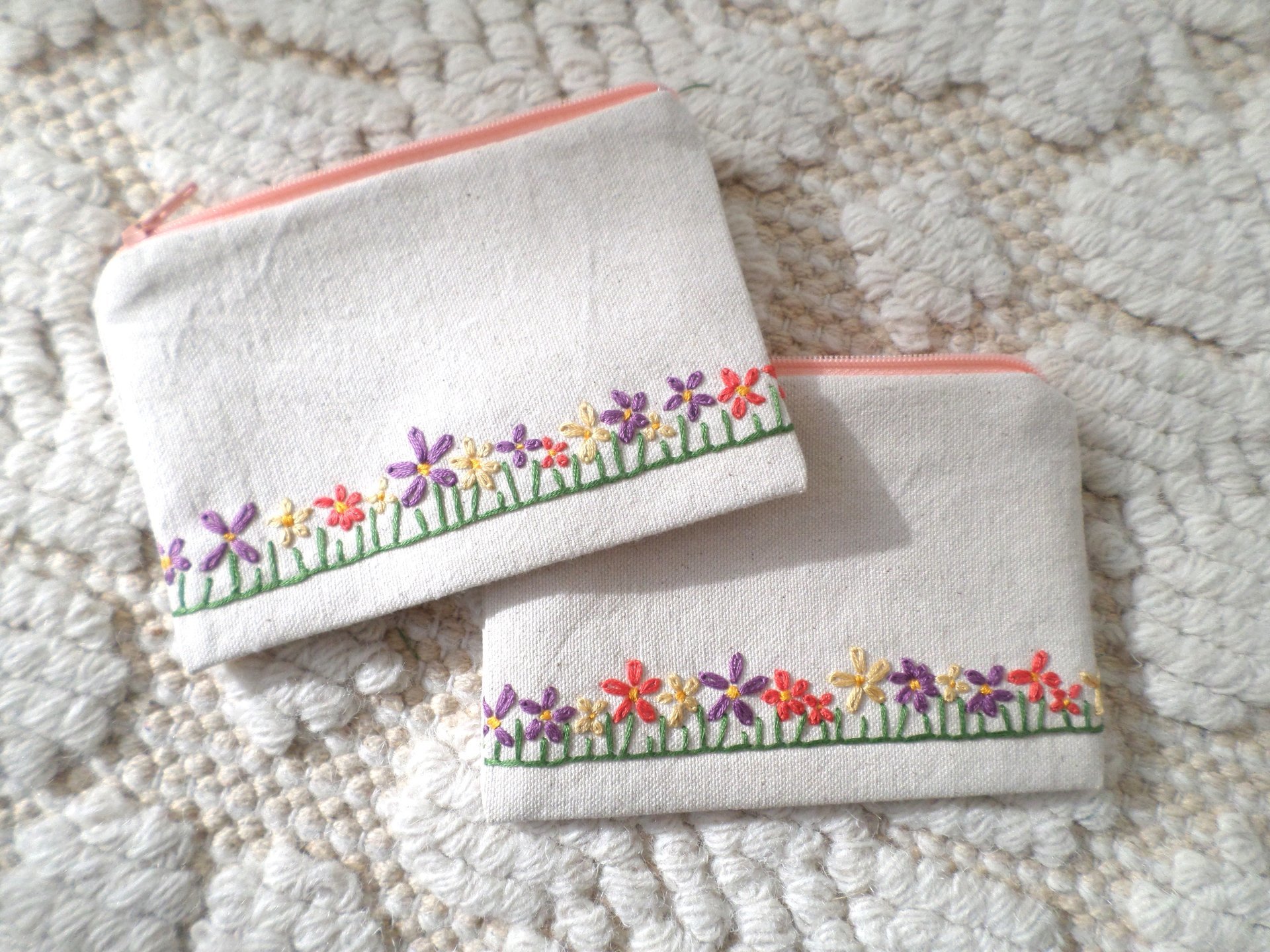 Wildflowers Zip Bag, Hand Embroidered Coin Purse with Floral Design