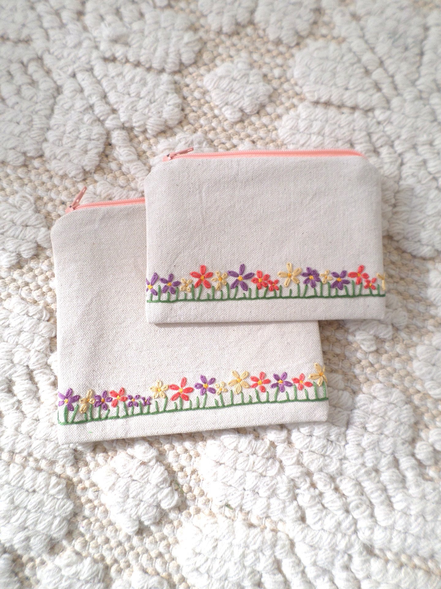 Wildflowers Zip Bag, Hand Embroidered Coin Purse with Floral Design