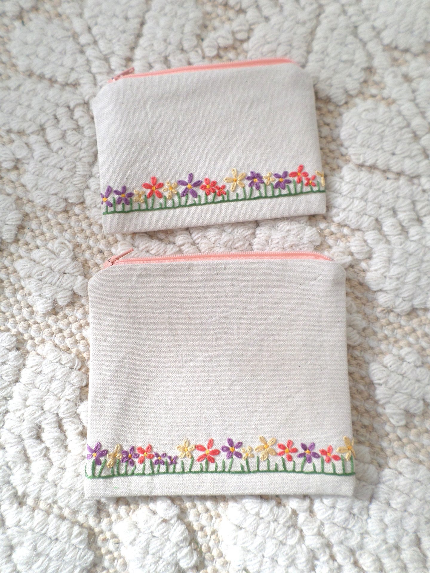 Wildflowers Zip Bag, Hand Embroidered Coin Purse with Floral Design