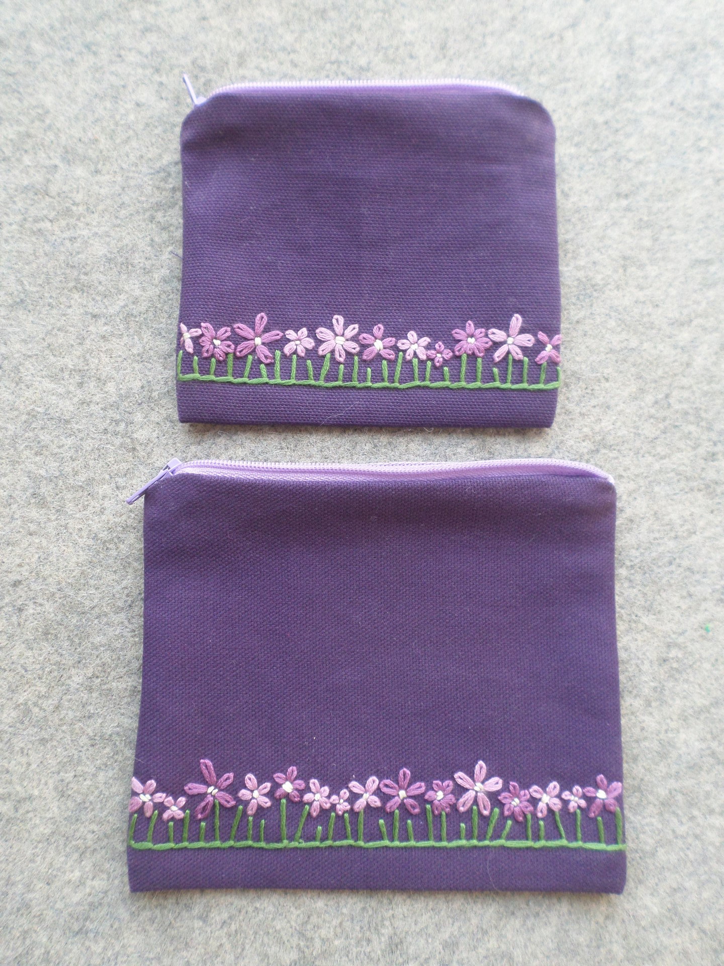 Violets Zip Bag, Hand Embroidered Coin Purse with Purple Flower Design