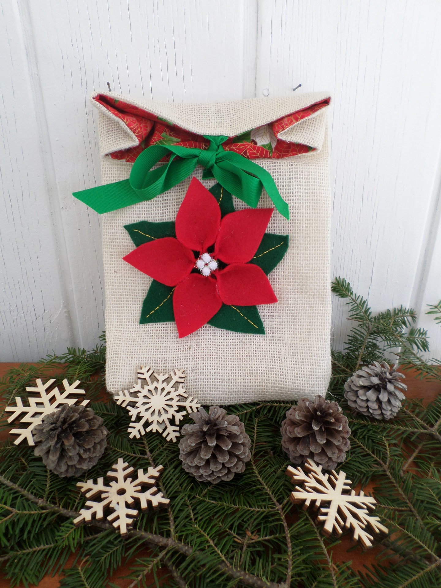 Poinsettia Re-useable Holiday Gift Bag, Hand Embroidered