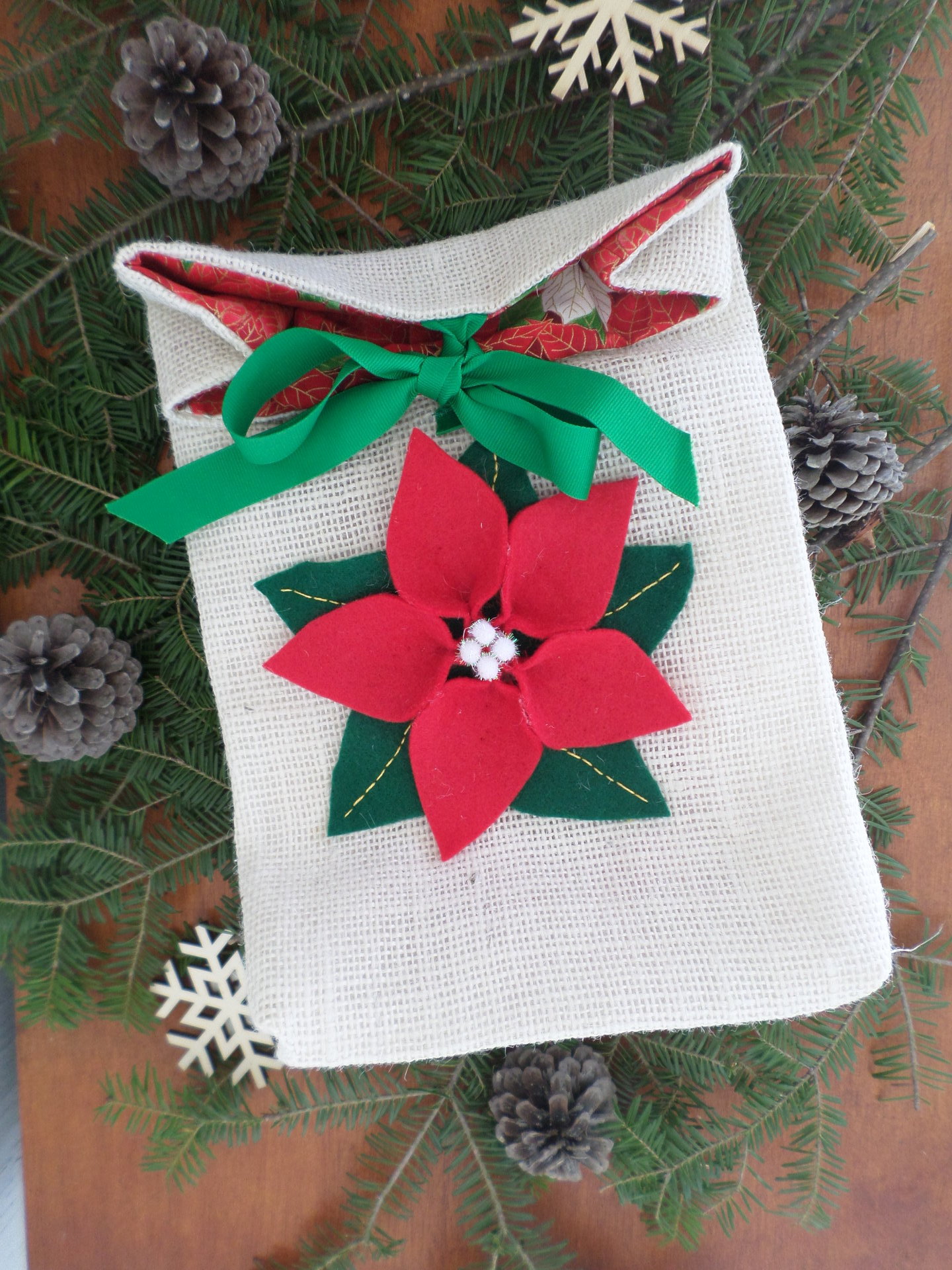 Poinsettia Re-useable Holiday Gift Bag, Hand Embroidered