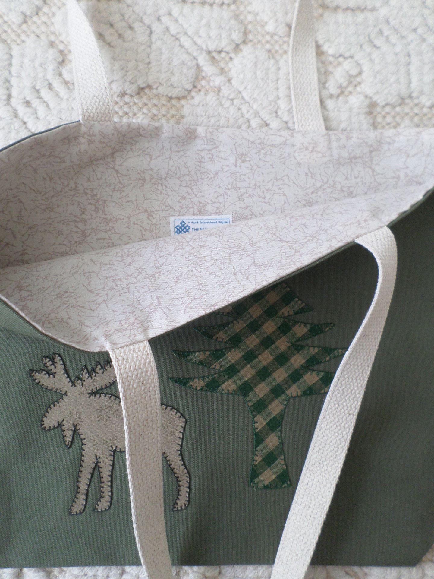 Maine Flag Moose Hand Embroidered Canvas Tote Bag - SMALL