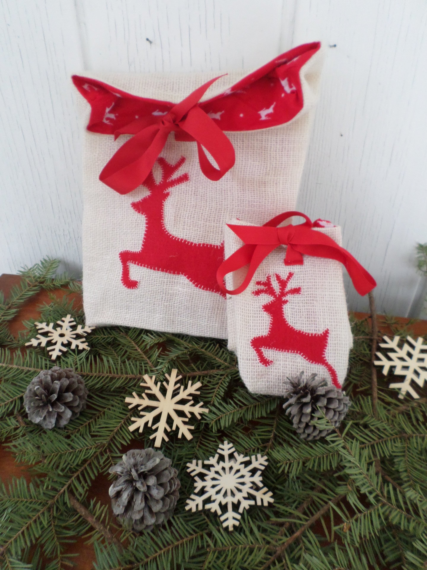 Reindeer Holiday Gift Bag Hand Embroidered