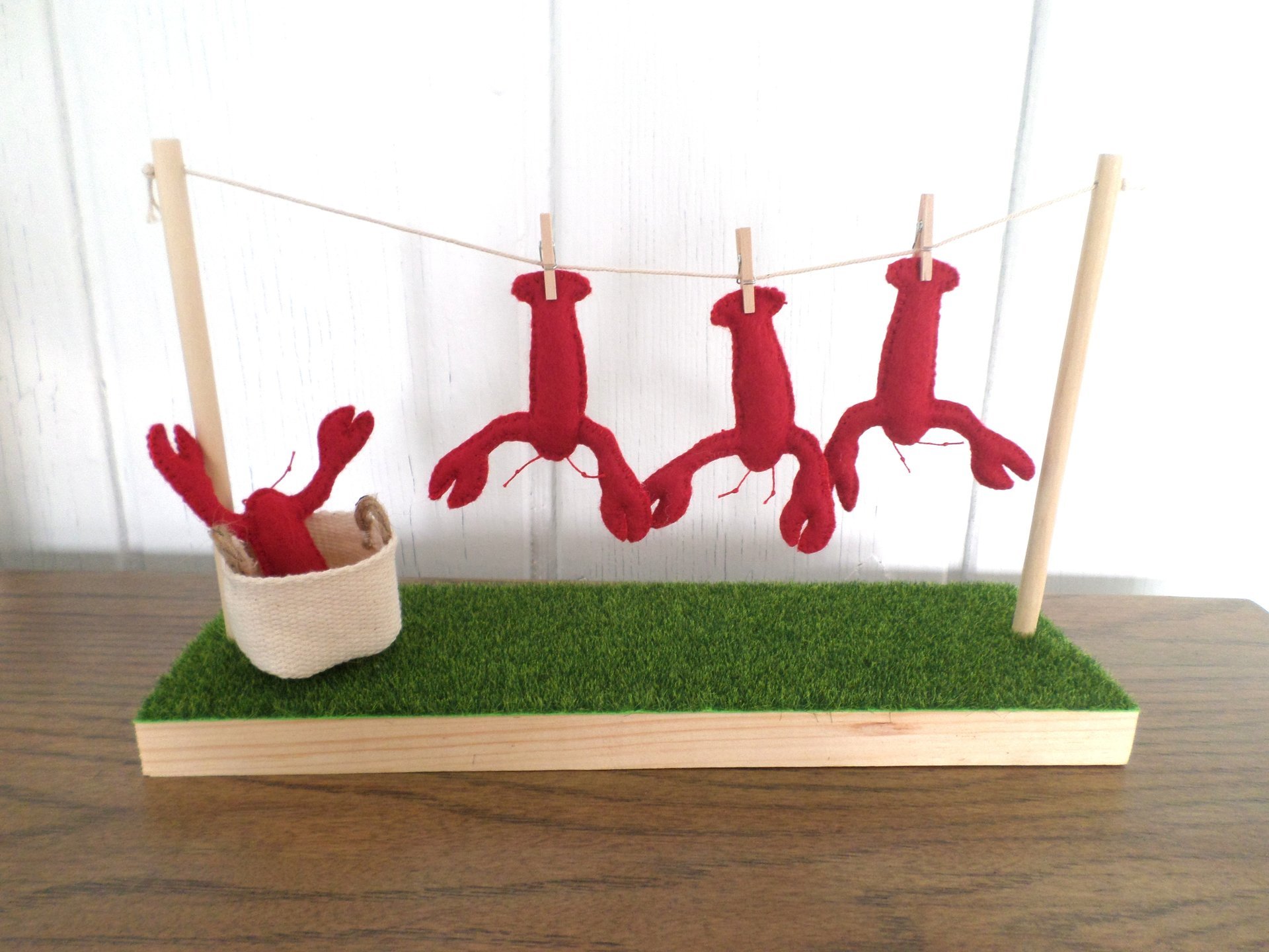 Miniature Downeast Maine Clothesline with Red Lobsters and Laundry Basket 