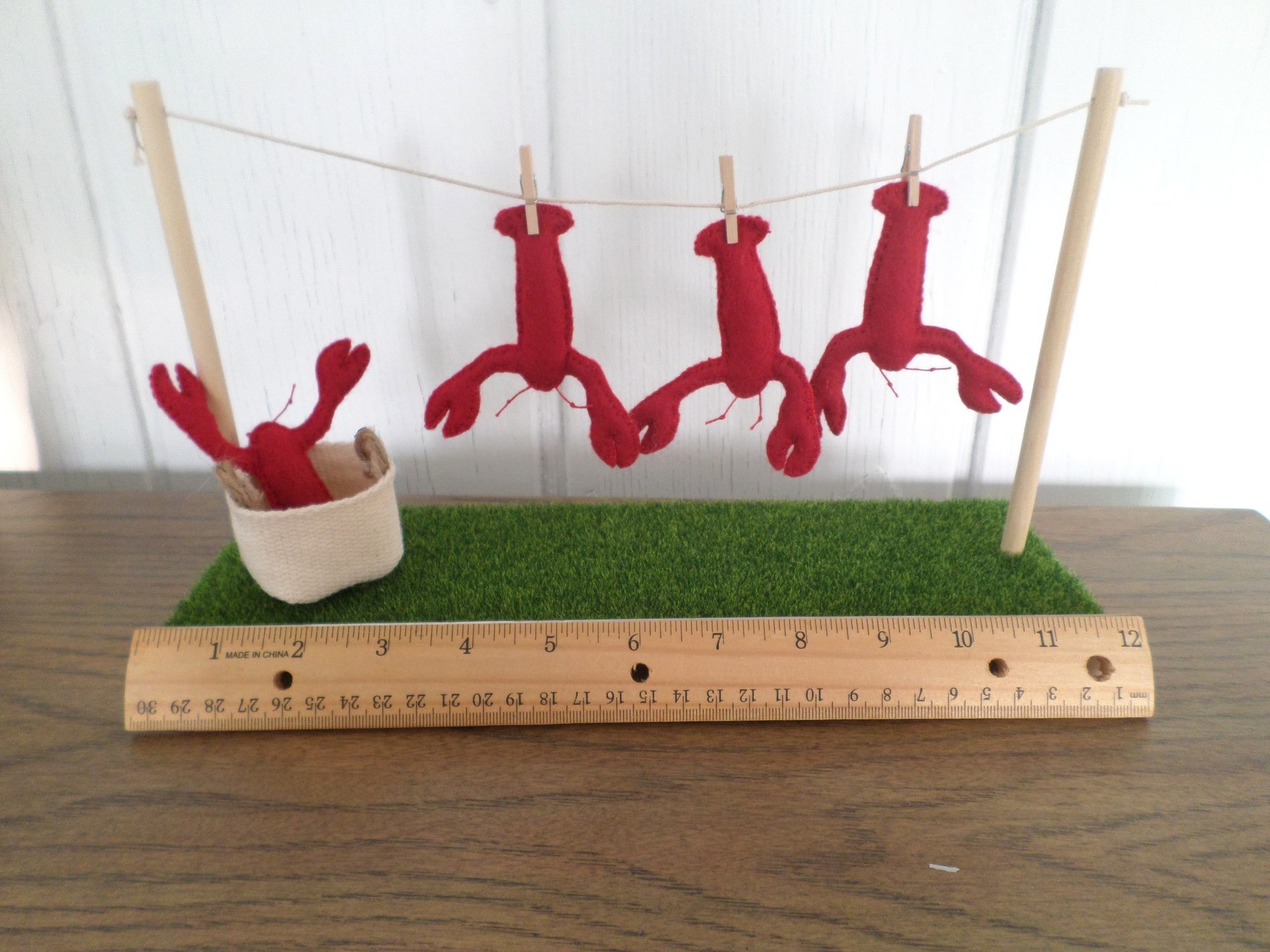 Miniature Downeast Maine Clothesline with Red Lobsters and Laundry Basket 