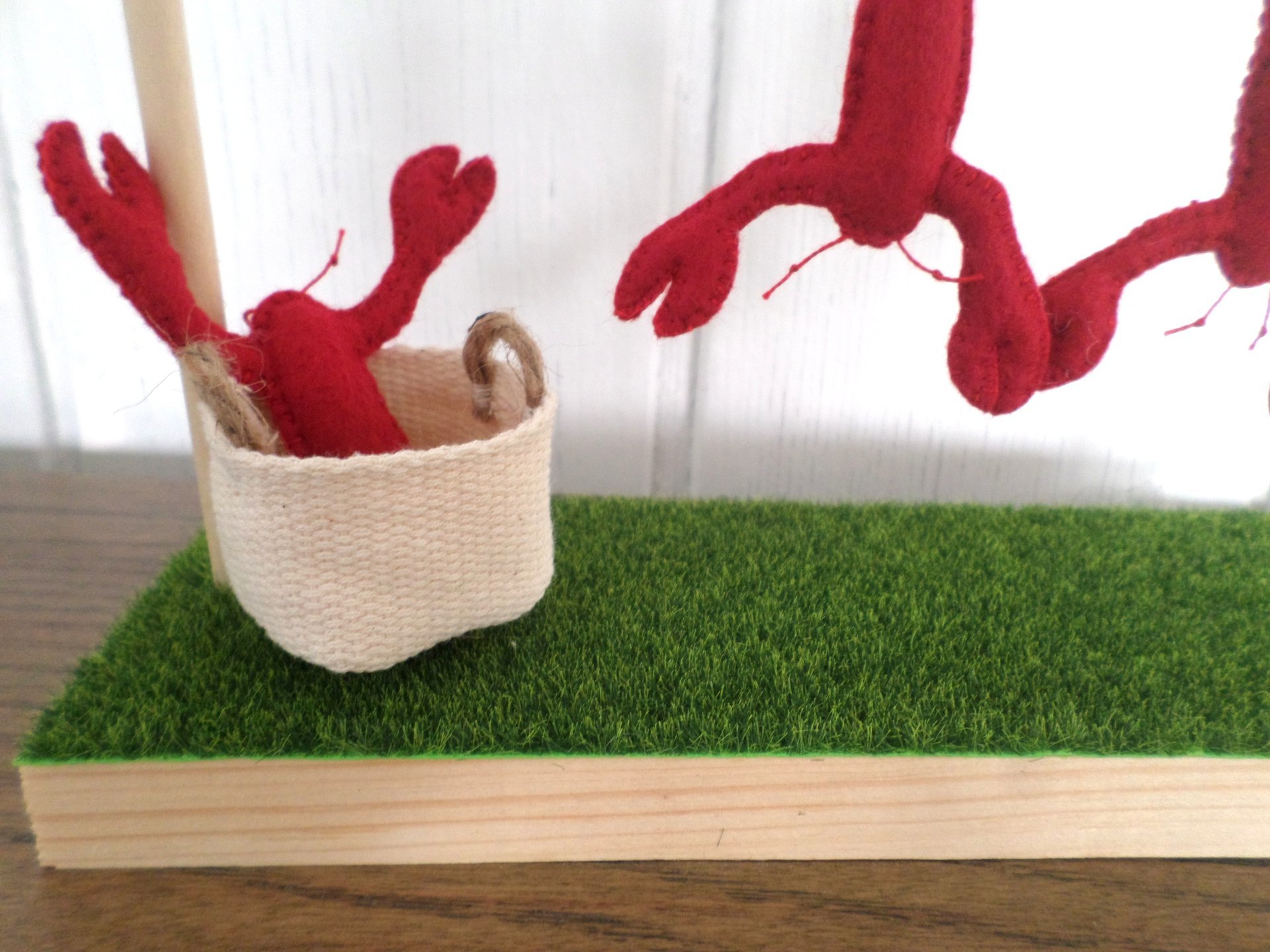 Miniature Downeast Maine Clothesline with Red Lobsters and Laundry Basket 