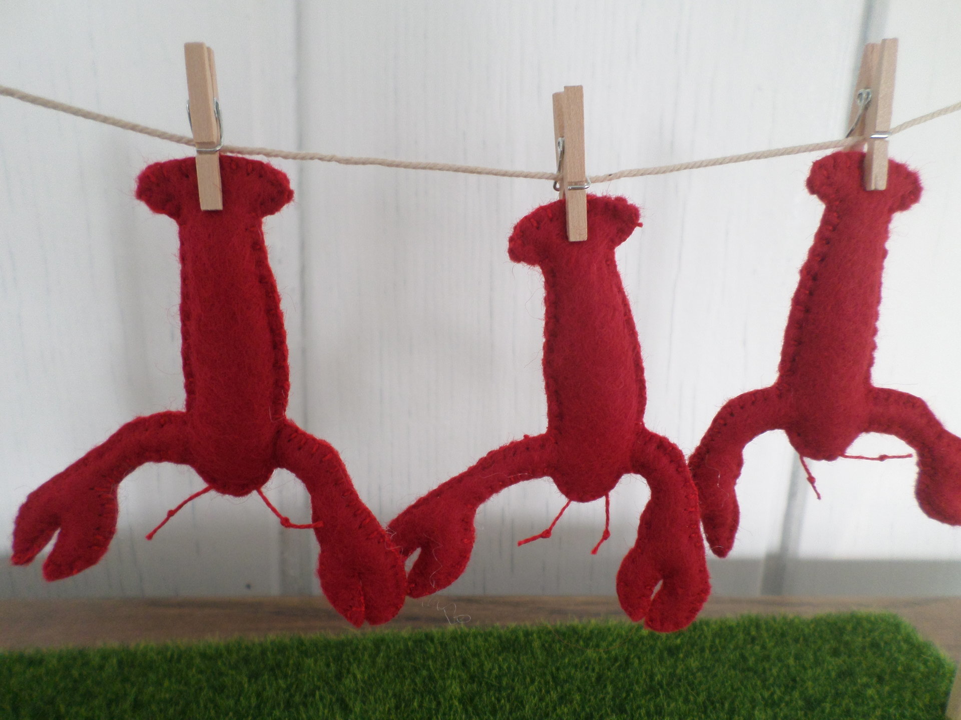 Miniature Downeast Maine Clothesline with Red Lobsters and Laundry Basket 