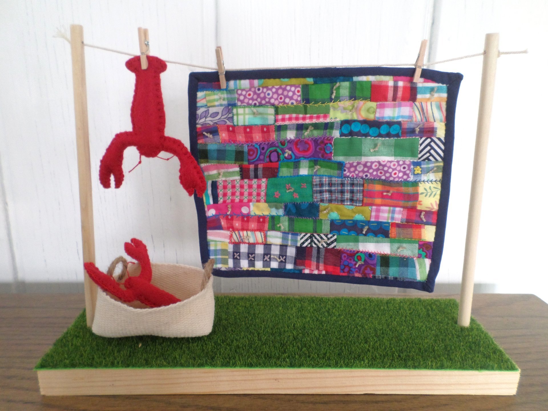 Miniature Downeast Maine Clothesline with Embroidered Patchwork Crazy Quilt and Red Lobsters 