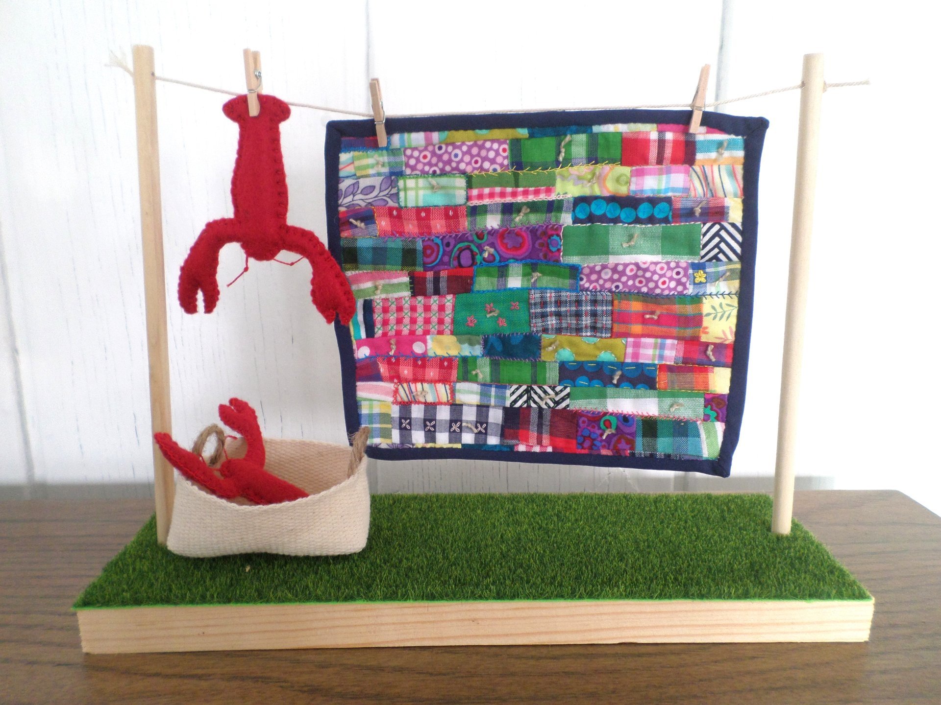Miniature Downeast Maine Clothesline with Embroidered Patchwork Crazy Quilt and Red Lobsters 