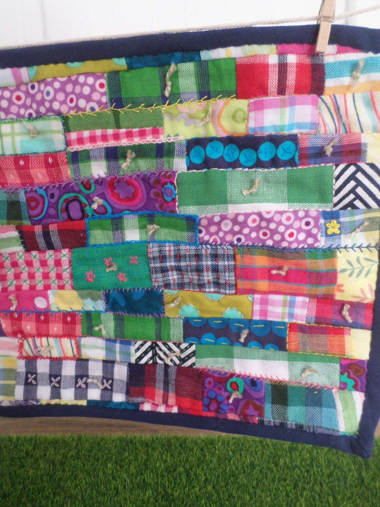 Miniature Downeast Maine Clothesline with Embroidered Patchwork Crazy Quilt and Red Lobsters 