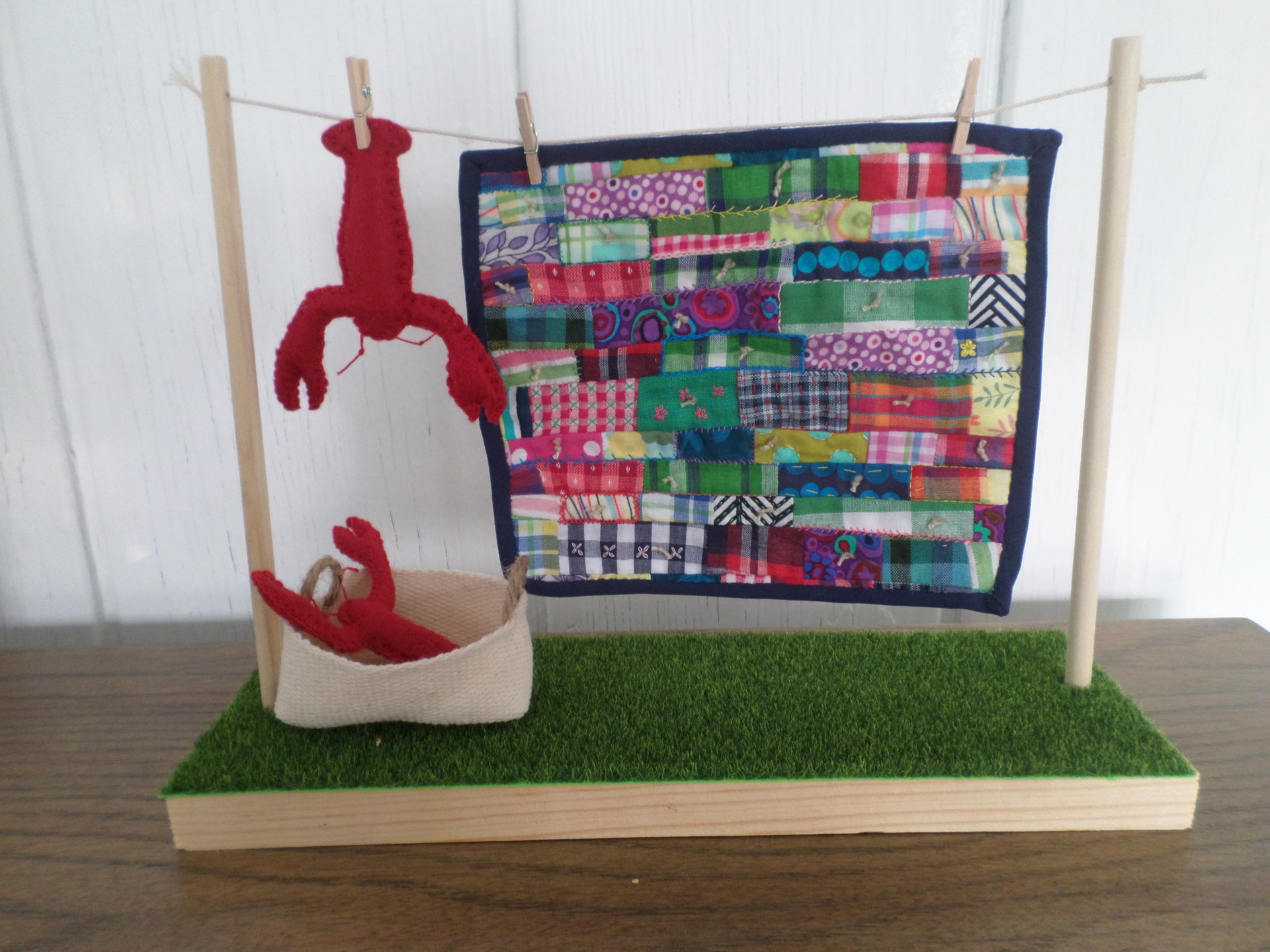 Miniature Downeast Maine Clothesline with Embroidered Patchwork Crazy Quilt and Red Lobsters 