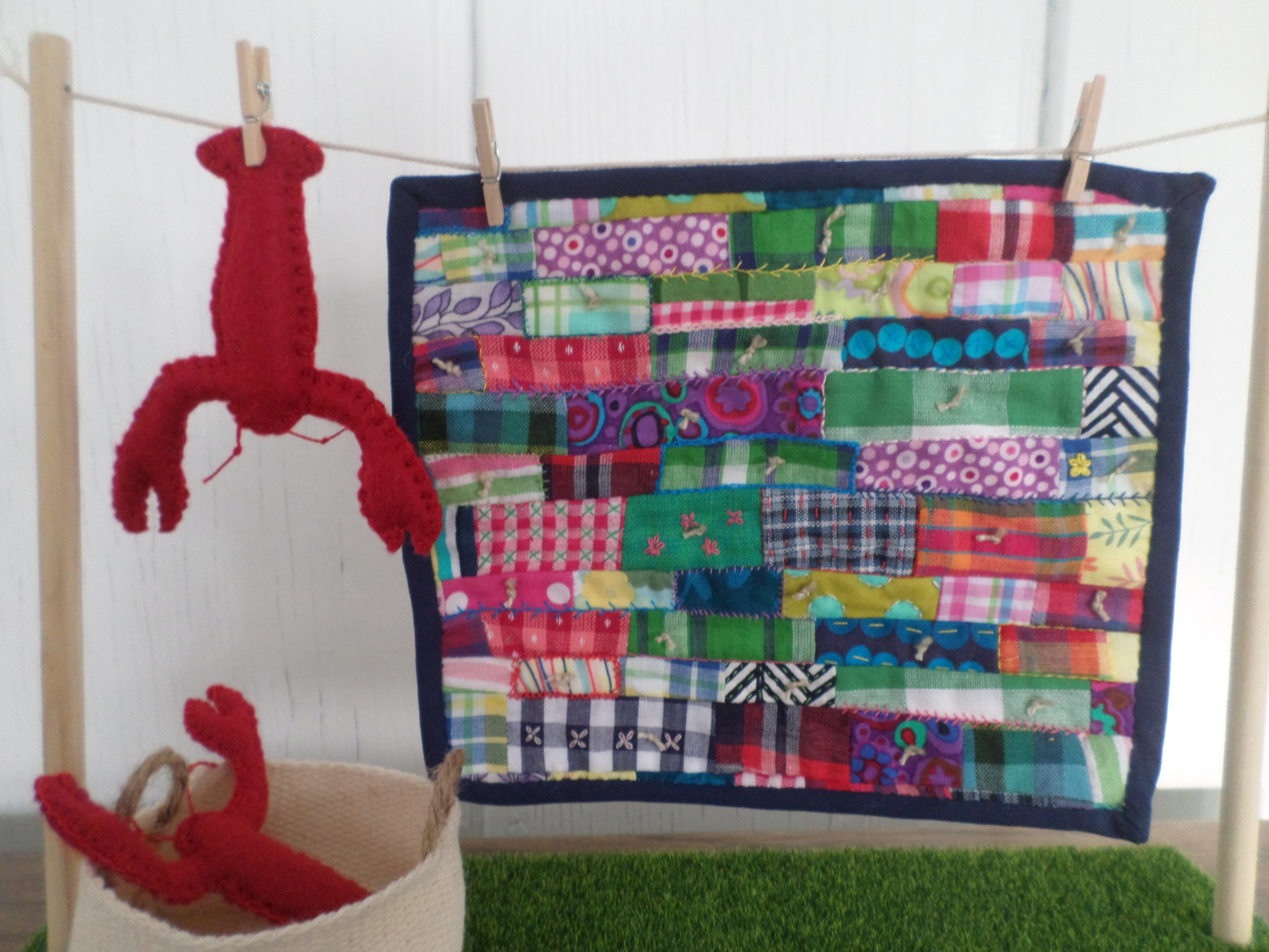 Miniature Downeast Maine Clothesline with Embroidered Patchwork Crazy Quilt and Red Lobsters 