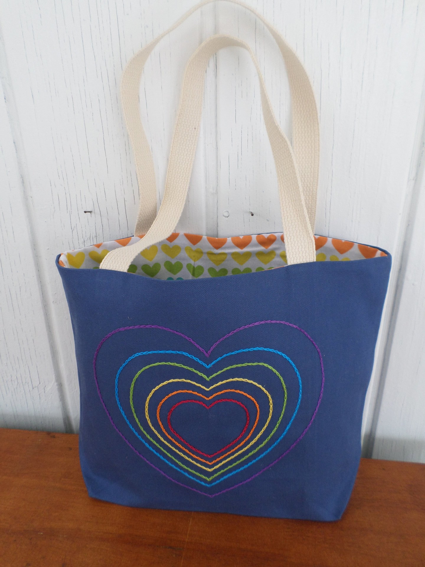 Rainbow Hearts Hand Embroidered Tote Bag, Made in Maine