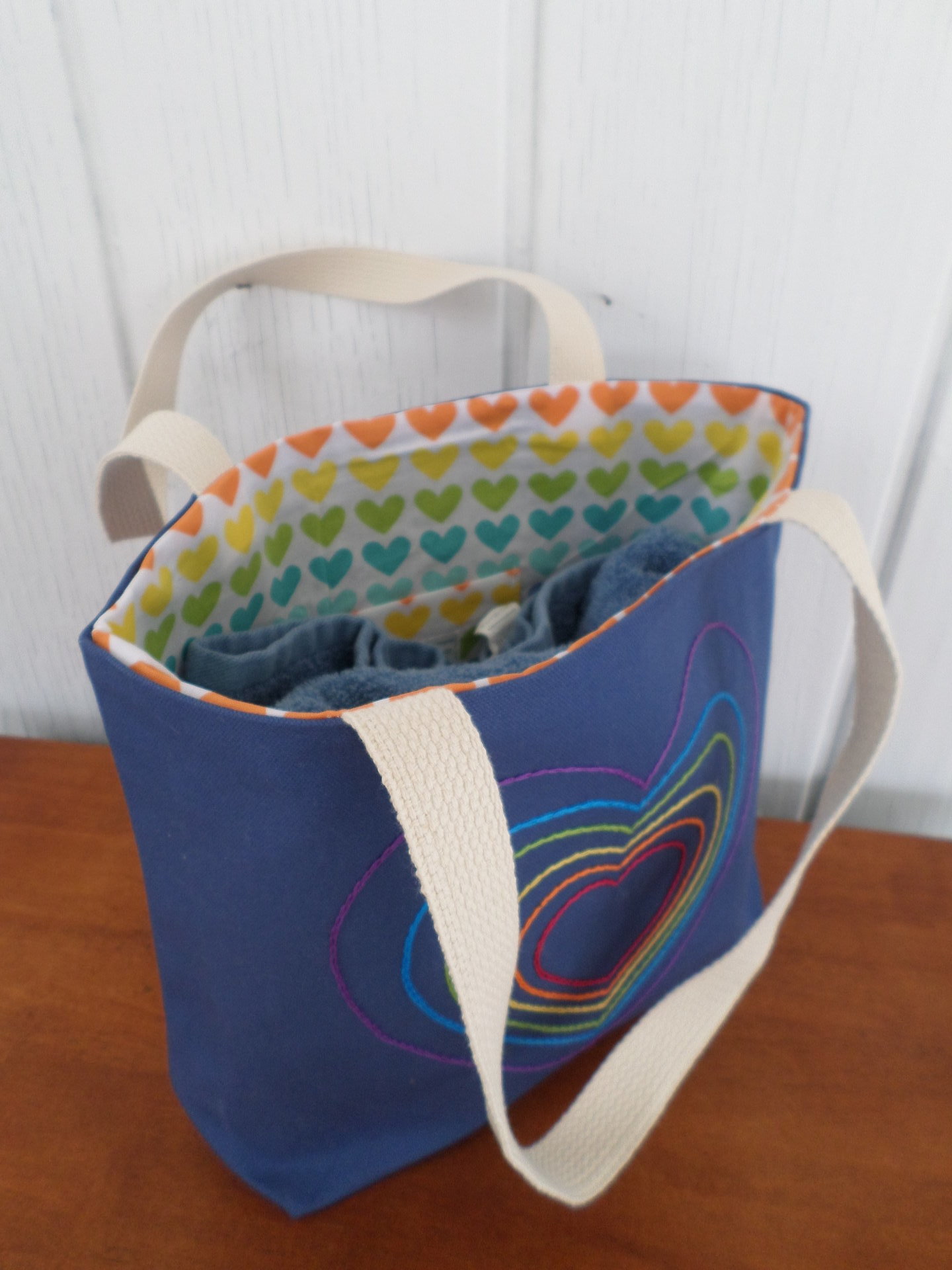 Rainbow Hearts Hand Embroidered Tote Bag, Made in Maine