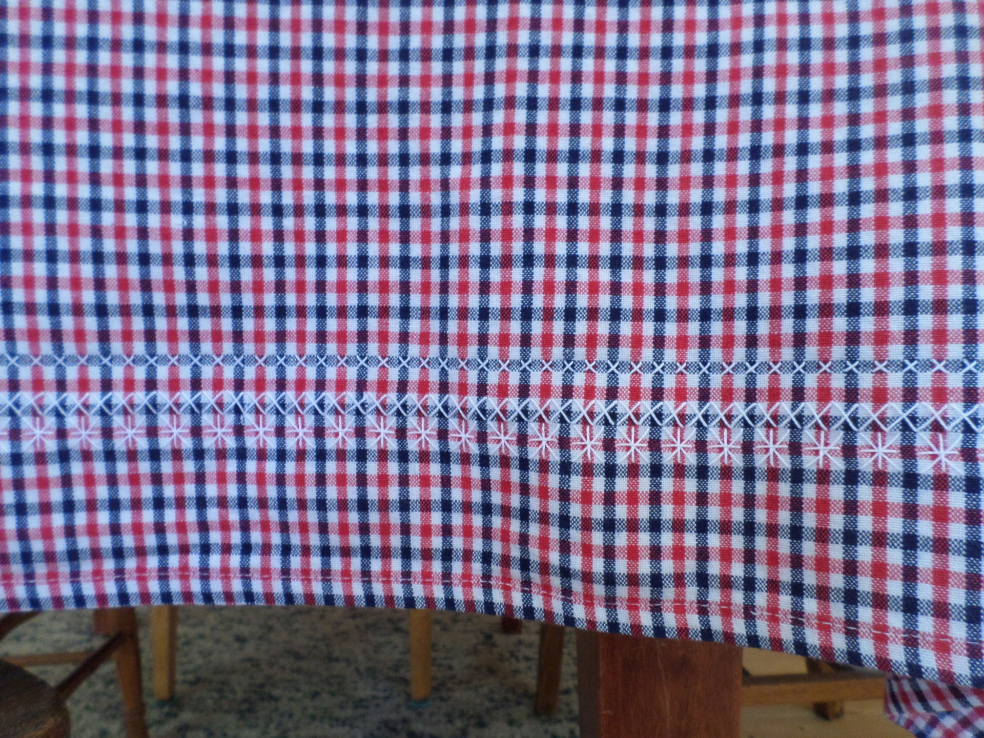 Hand Embroidered Gingham Tablecloth, Cross Stitch Chicken Scratch